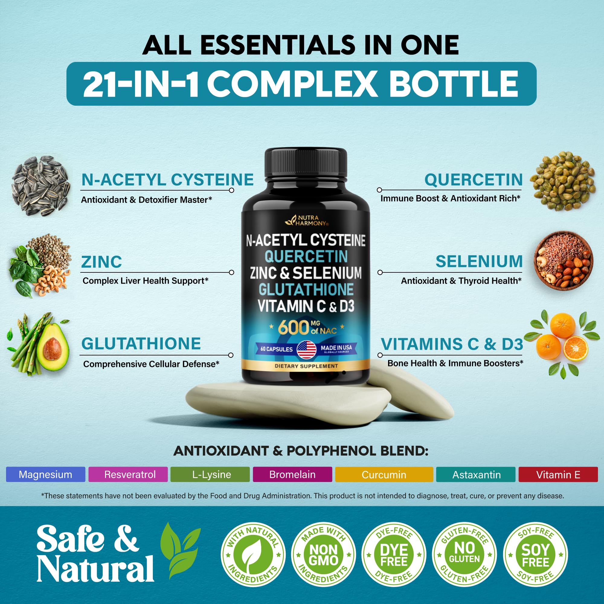NAC 600 mg Supplement | Quercetin | Zinc | Glutathione | Selenium | Vitamin C & D3 NUTRAHARMONY buy supplements canada