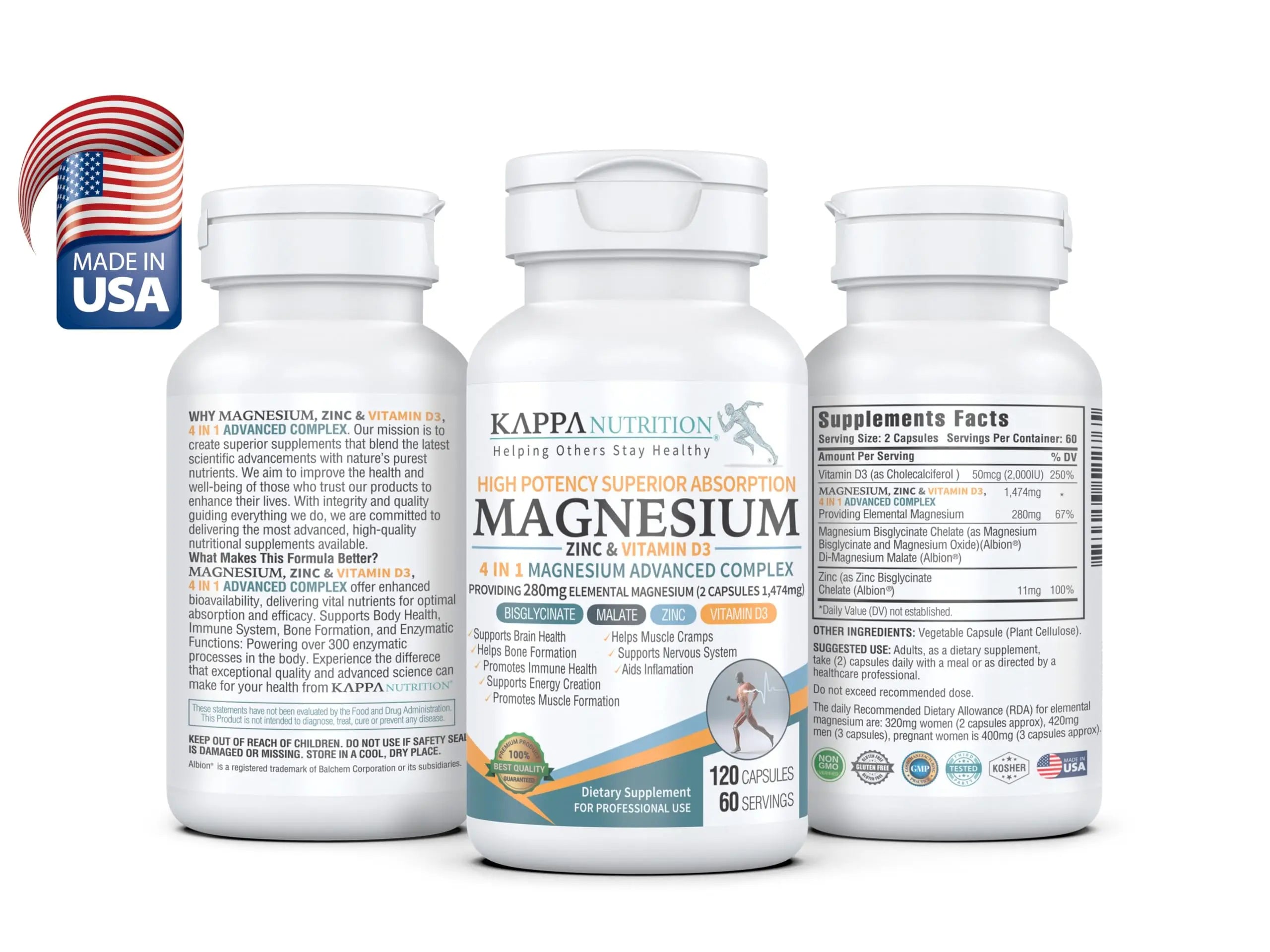 Kappa Nutrition Magnesium 4-in-1, 280mg Elemental Magnesium (Bisglycinate, Malate) + Zinc & Vitamin D3, Brain, Sleep, Energy, Muscle, Immune Support, 120 Vegan Capsules. KAPPA NUTRITION buy supplements canada