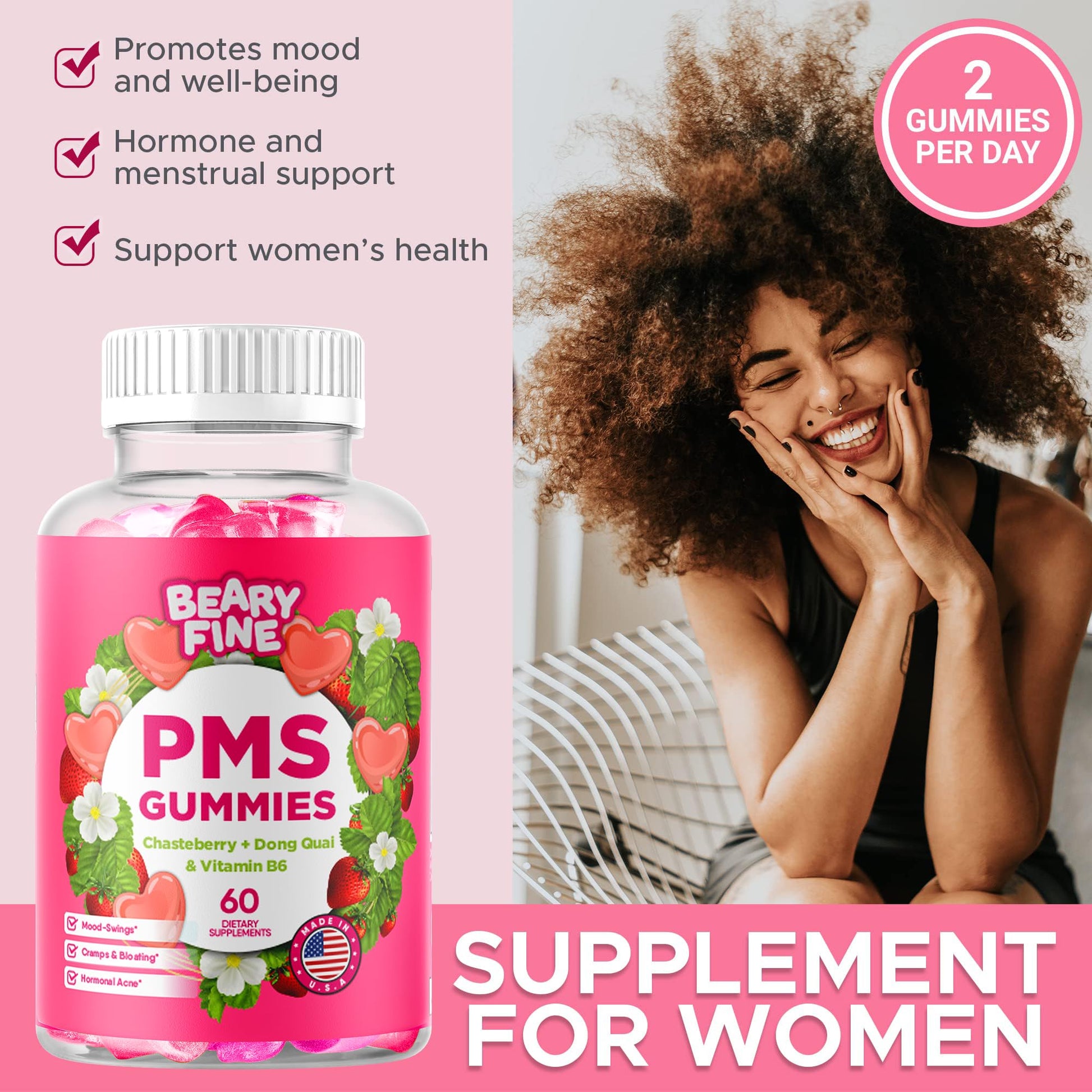 Beary Fine PMS Gummies - PMS Vitamins for Women & Teens - PMS Period Relief - Cramping, Bloating, Mood Swings - Made in The USA (Strawberry, 60 Count) Beary Fine buy supplements canada
