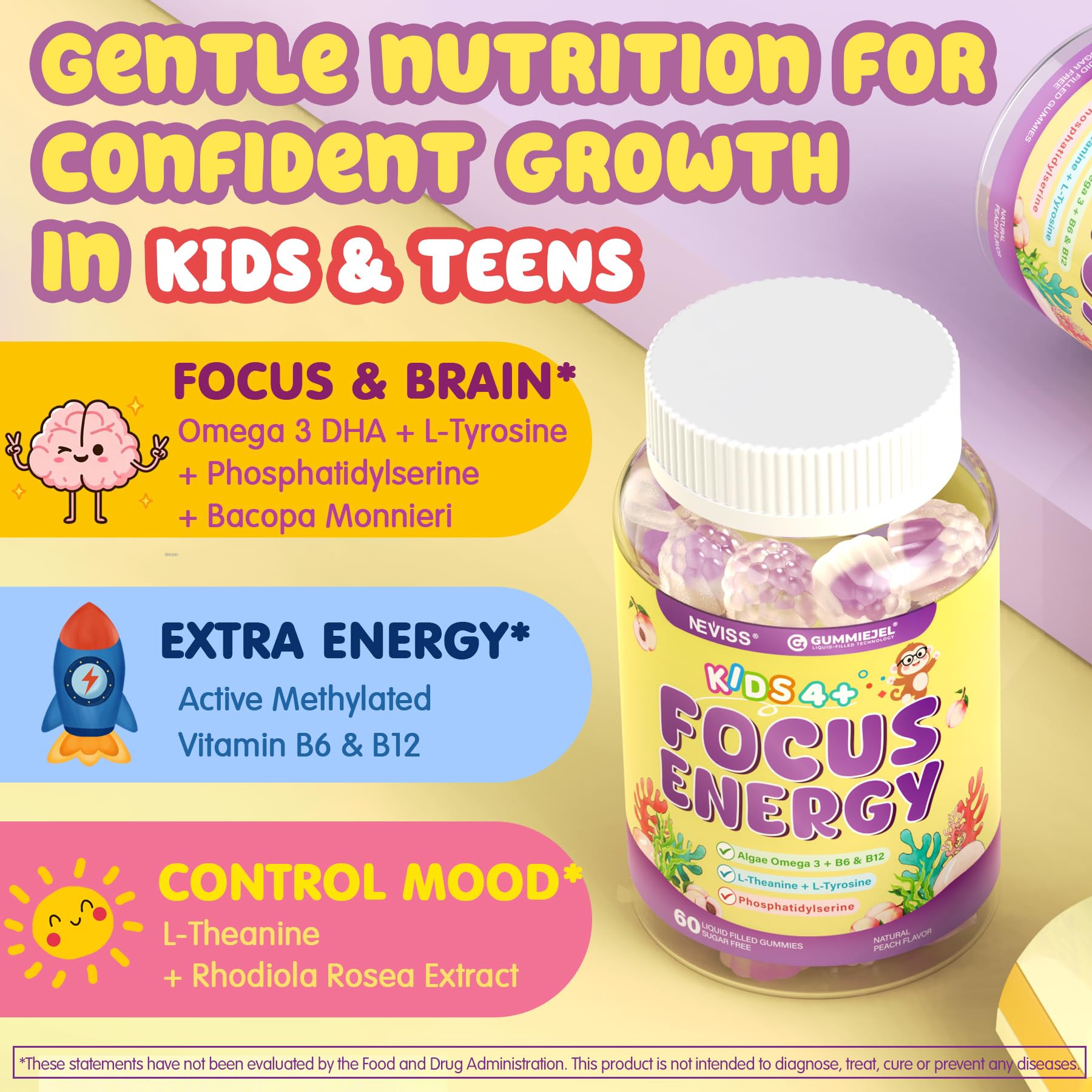 Kids Focus Gummies - Brain Supplements with Vegan Omega 3 DHA, Phosphatidylserine, L-Theanine, L-Tyrosine, Methylated B6 & B12 for Kids & Teen Support Attention, Memory, Nootropic, Sugar Free 60cts NEVISS buy supplements canada