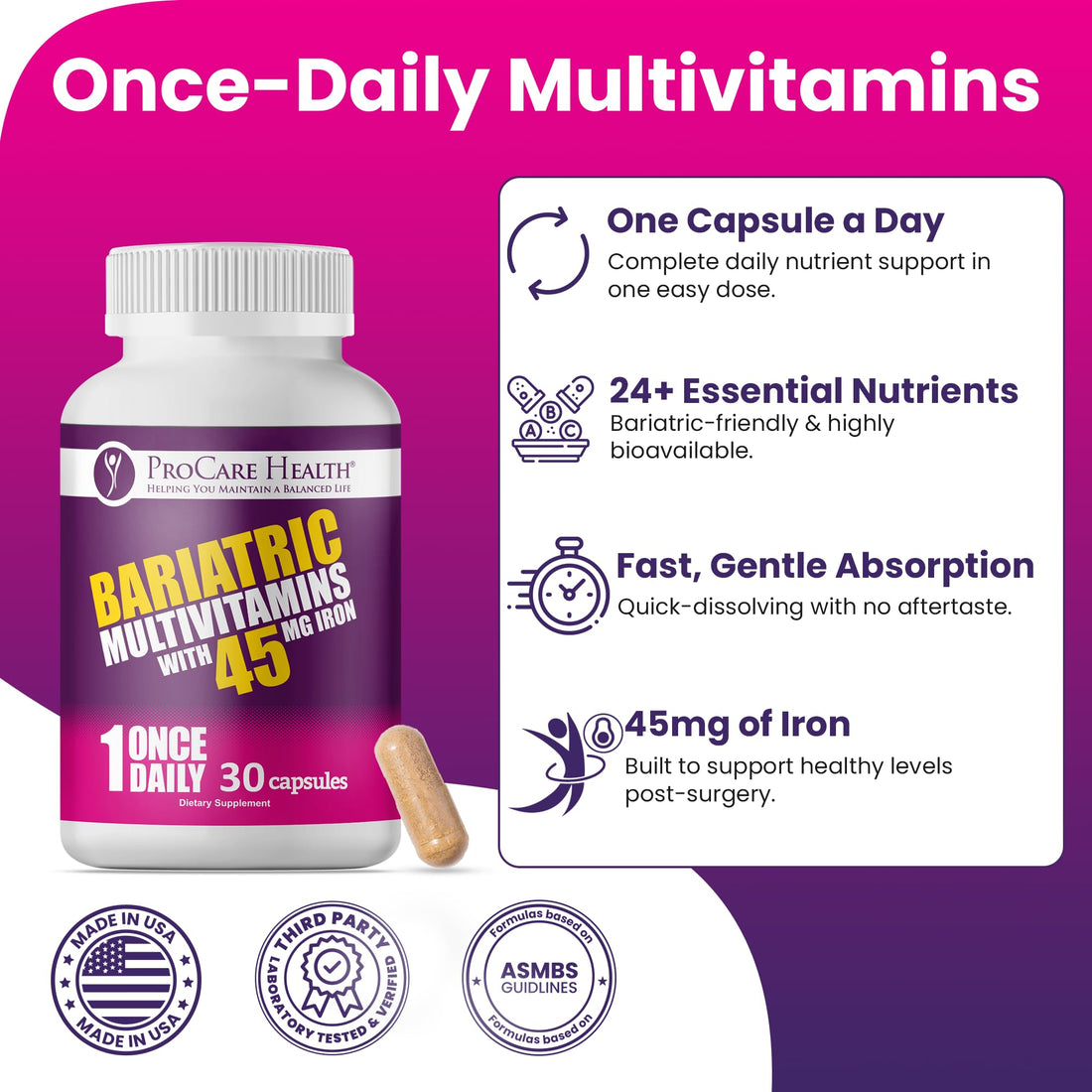 ProCare Health Bariatric Multivitamin with 45mg Iron (30 Easy to Swallow Capsules) - Once Daily Post-Op Support for Gastric Bypass ProCare Health buy supplements canada