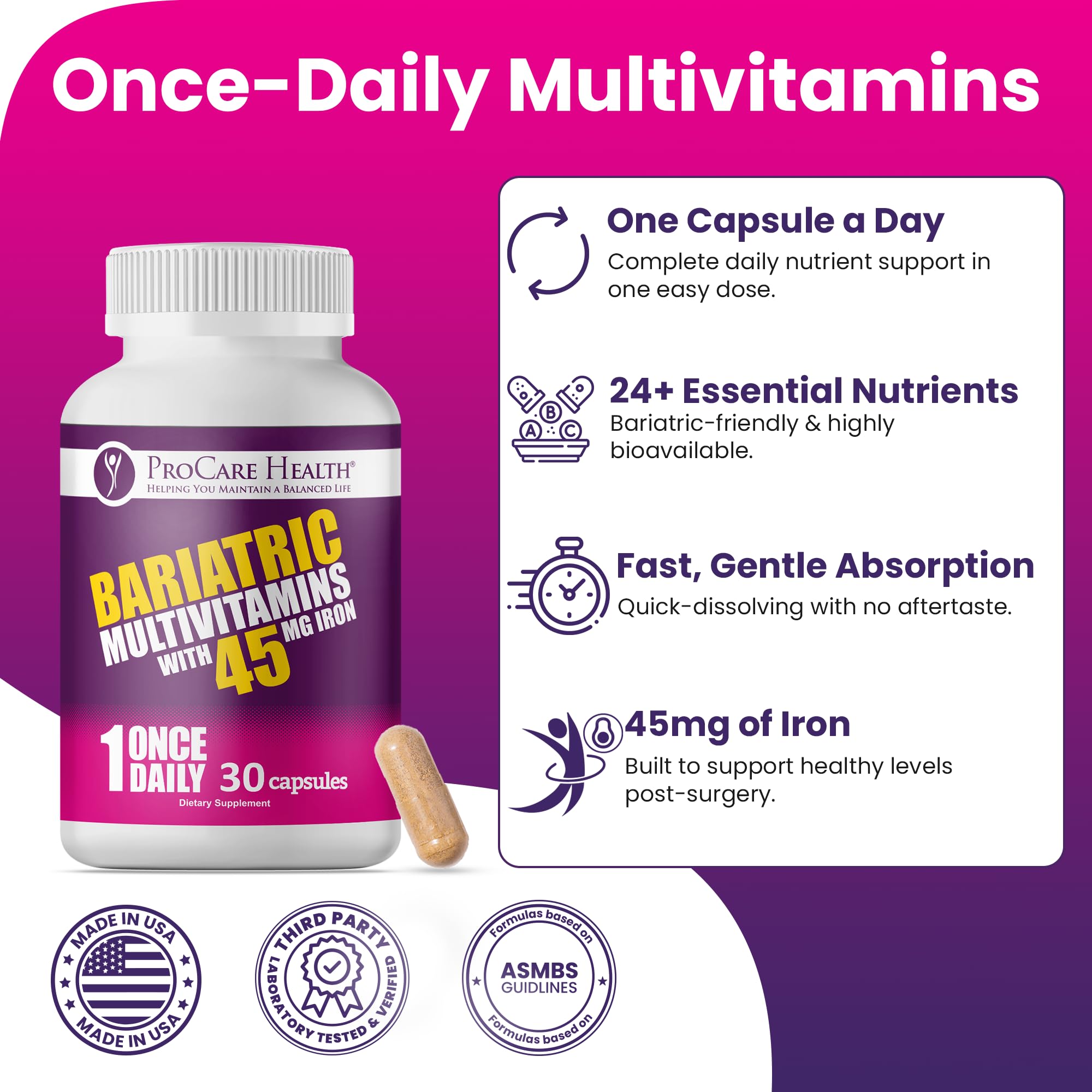 ProCare Health Bariatric Multivitamin with 45mg Iron (30 Easy to Swallow Capsules) - Once Daily Post-Op Support for Gastric Bypass ProCare Health buy supplements canada