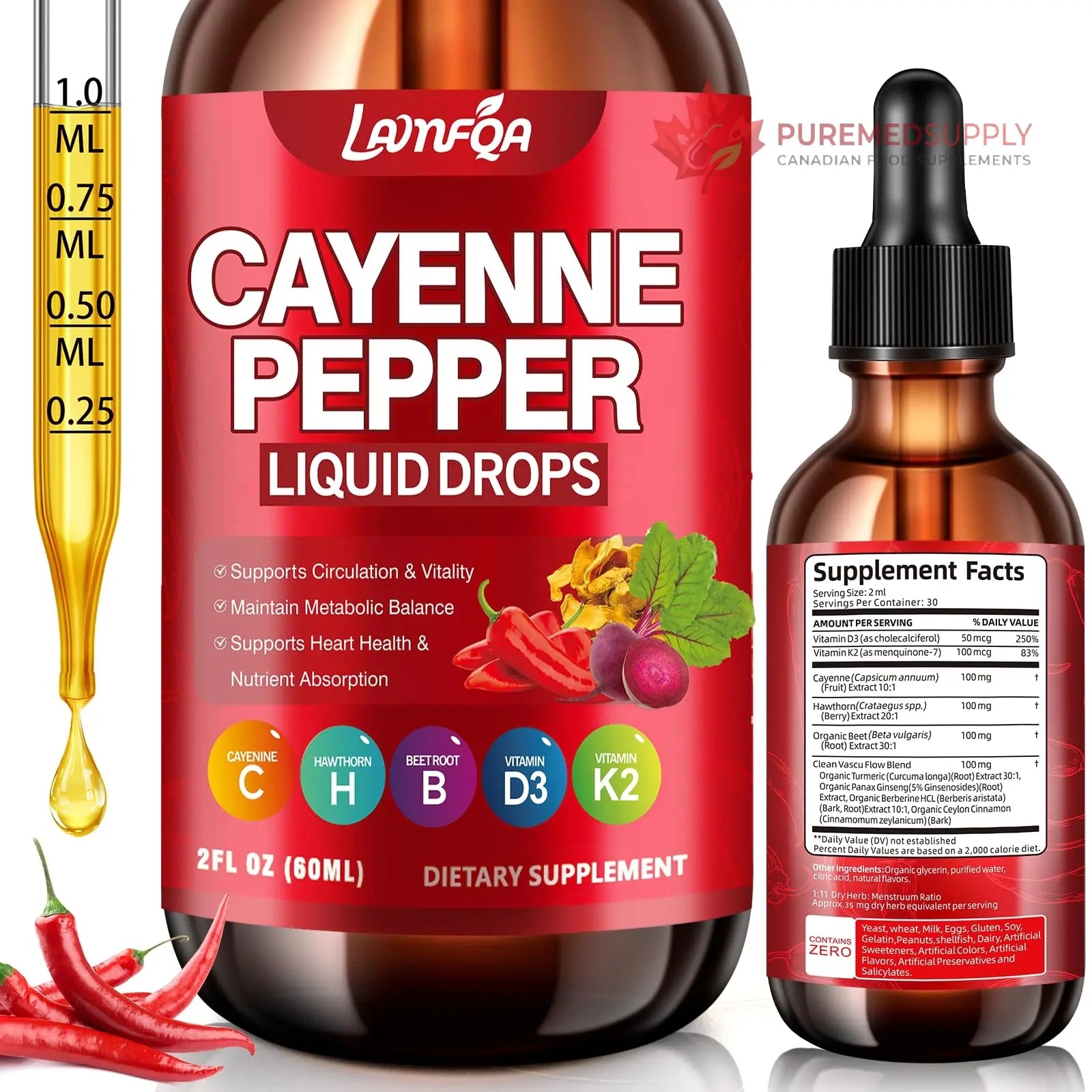 Cayenne Pepper Liquid Drops - Potent Blend with Hawthorn Berry, Turmeric Curcumin, Vitamin D3 K2, Beet Root & Panax Ginseng - Vegan, Non-GMO, High Absorbed Gentle Formula - 2 OZ LAMFQA buy supplements canada