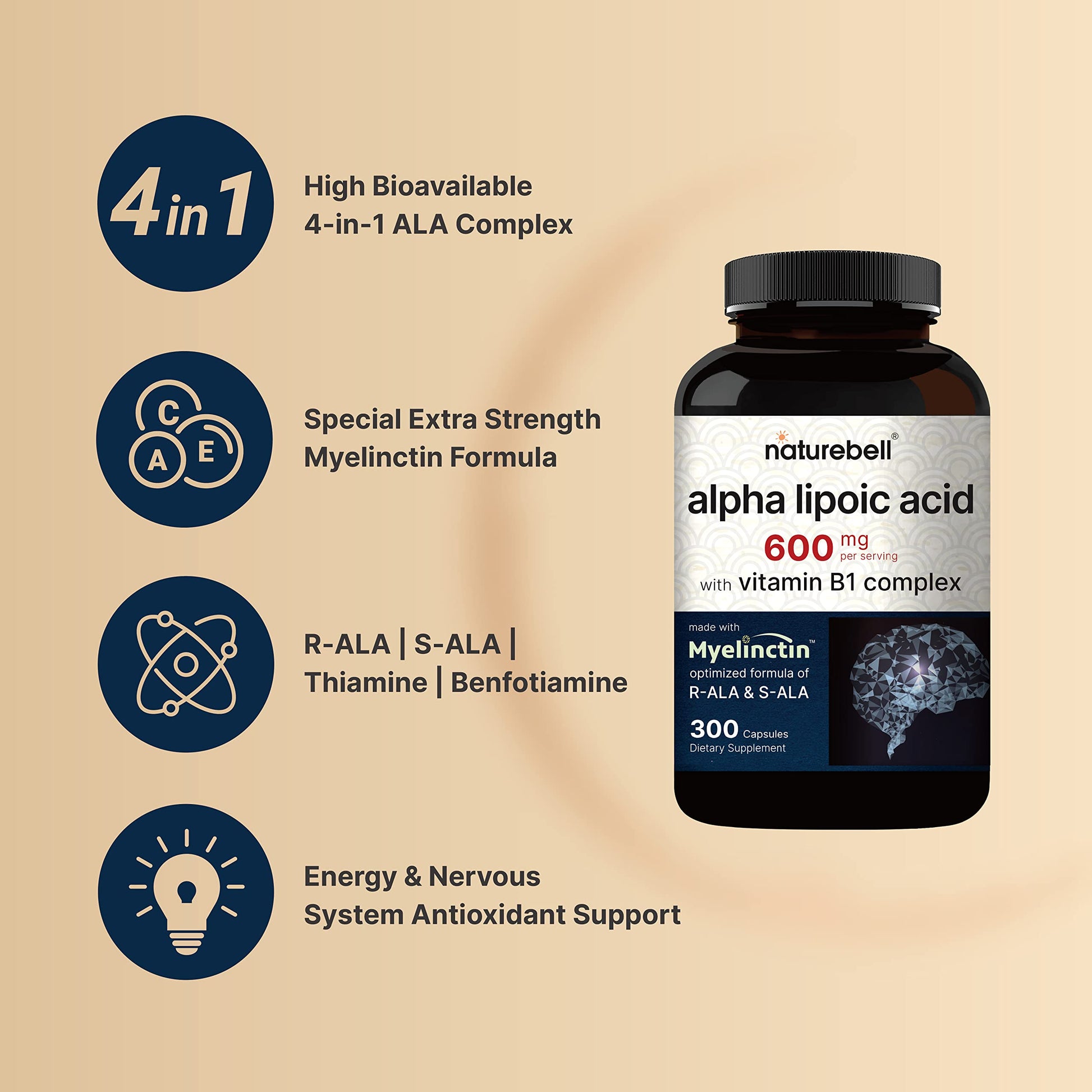 NatureBell Alpha Lipoic Acid 600mg Per Serving | 300 Capsules - with Vitamin B1 NatureBell buy supplements canada