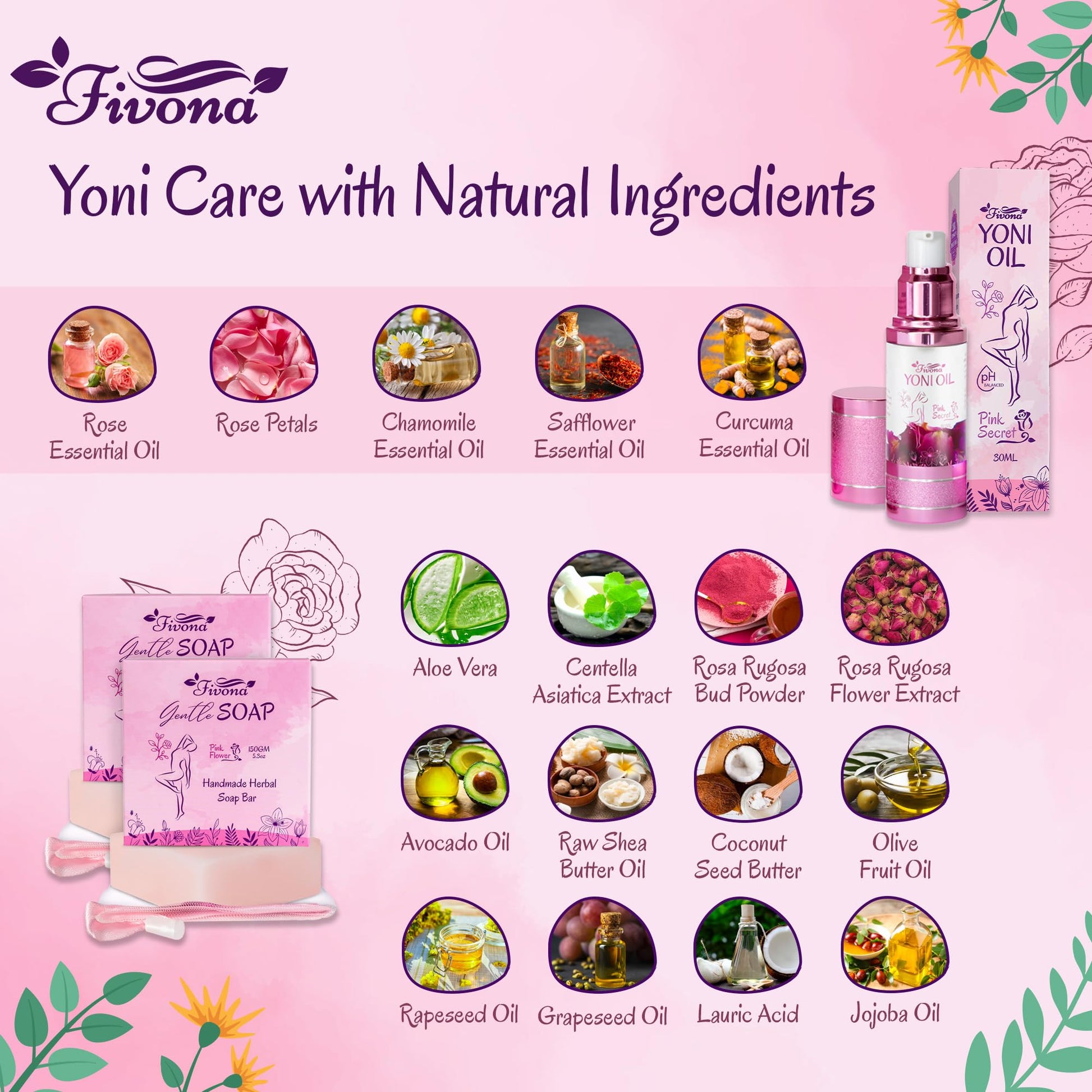 FIVONA 3 in 1 Set of Yoni Oil with 2 Yoni Soap Bars - Feminine pH Balanced Natural Vaginal Oil 30 ml FIVONA buy supplements canada