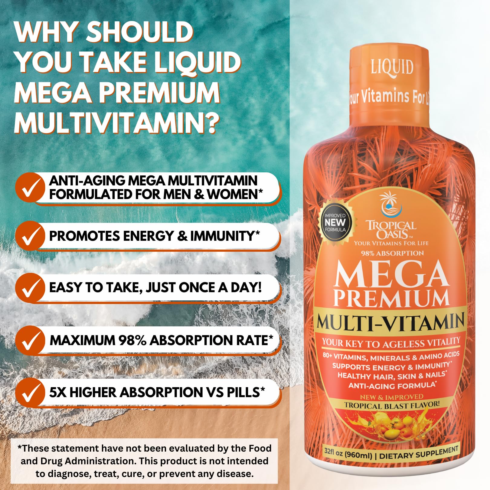 Mega Premium Liquid Multivitamin | Natural Immune Support Vitamin w/ 1333% Vitamin C, 200% D3, Zinc + 20 Vitamins, 70 Minerals, & 21 Amino Acids | Sugar Free | Orange Flavor | 98% Absorption | 32 Serv Tropical Oasis buy supplements canada