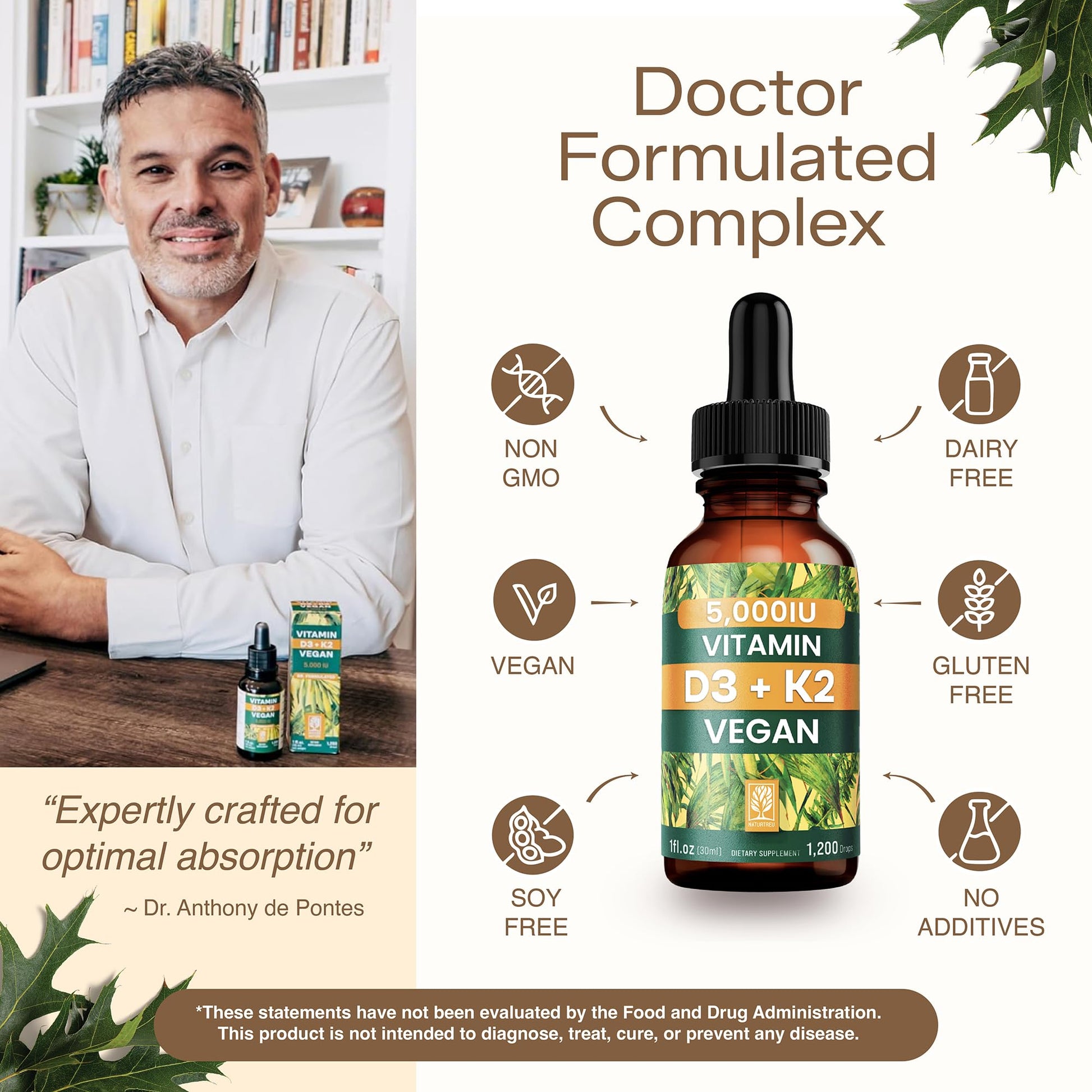 NATURTREU Vegan Vitamin D3 K2 Liquid Drops with MCT Oil for Adults (240 Servings) - Liquid Vitamin D K2 MK7 - All Natural, Non-GMO & Dr Formulated with 3X More Absorption - Third-Party Tested NATURTREU buy supplements canada