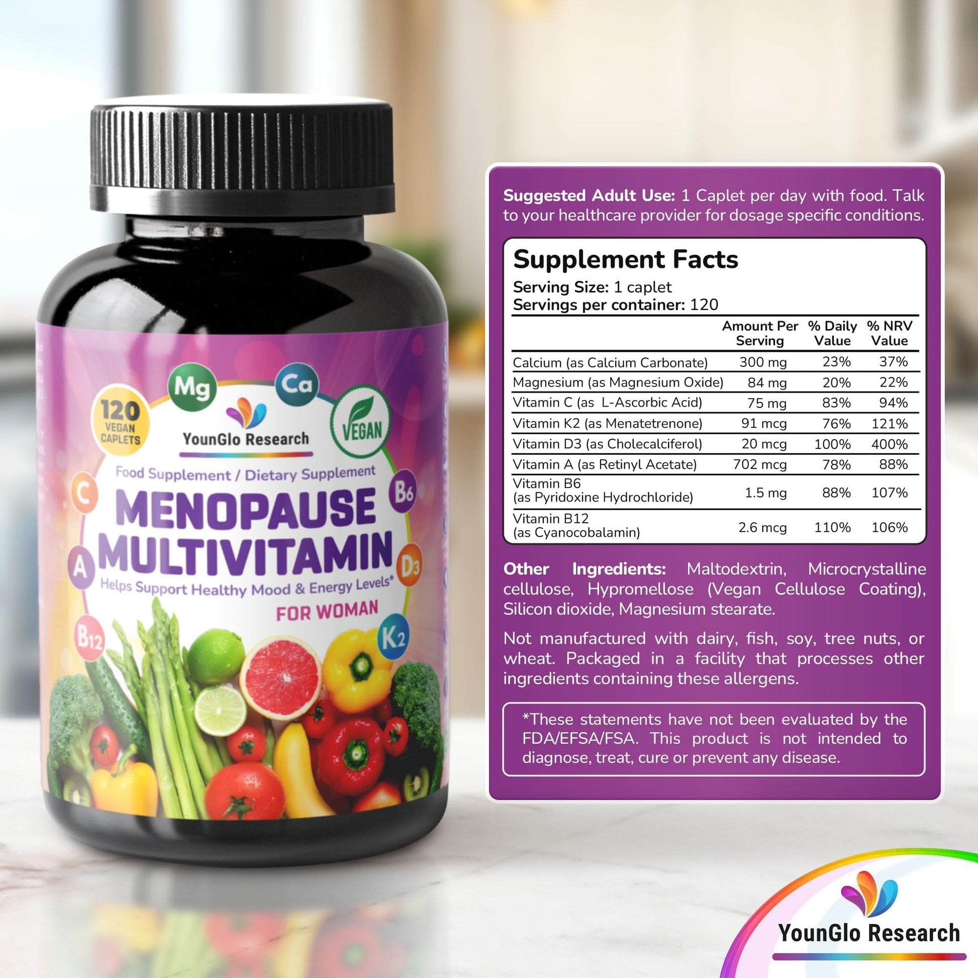 YounGlo Research Menopause Supplement - 120 Vegan Caplets - Menopause & Perimenopause Relief Support - Food and Dietary Vitamins - Multivitamin for Women YounGlo Research buy supplements canada