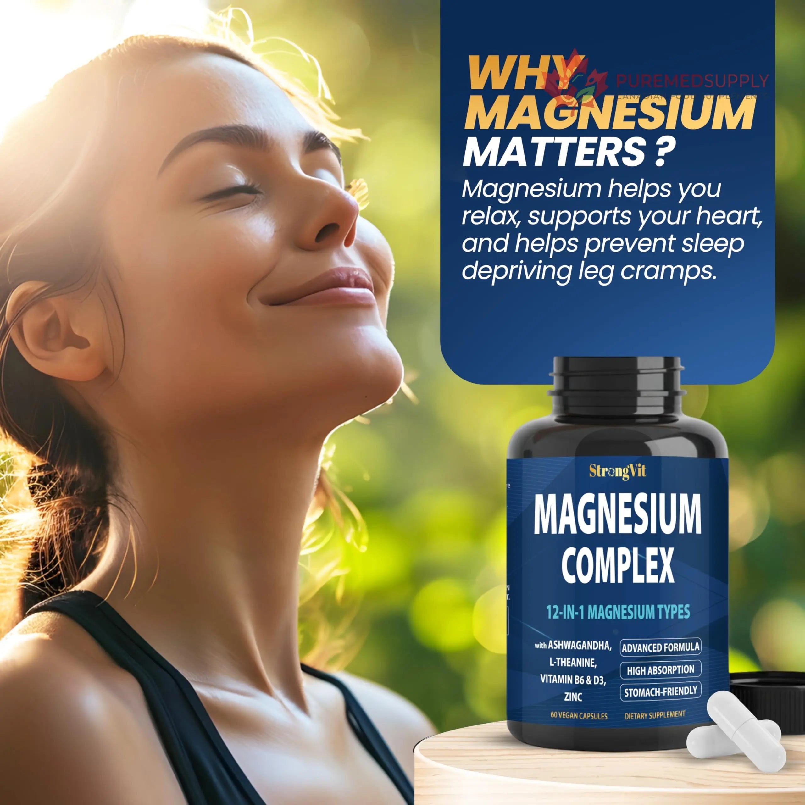 1000mg Magnesium Complex for Women and Men, 12 in 1 Magnesium Supplement with Ashwagandha, Zinc, D3, L-theanine. Easy to Swallow, High Absorption, Sleep Support & Stress Relief (60 Capsules) StrongVit buy supplements canada