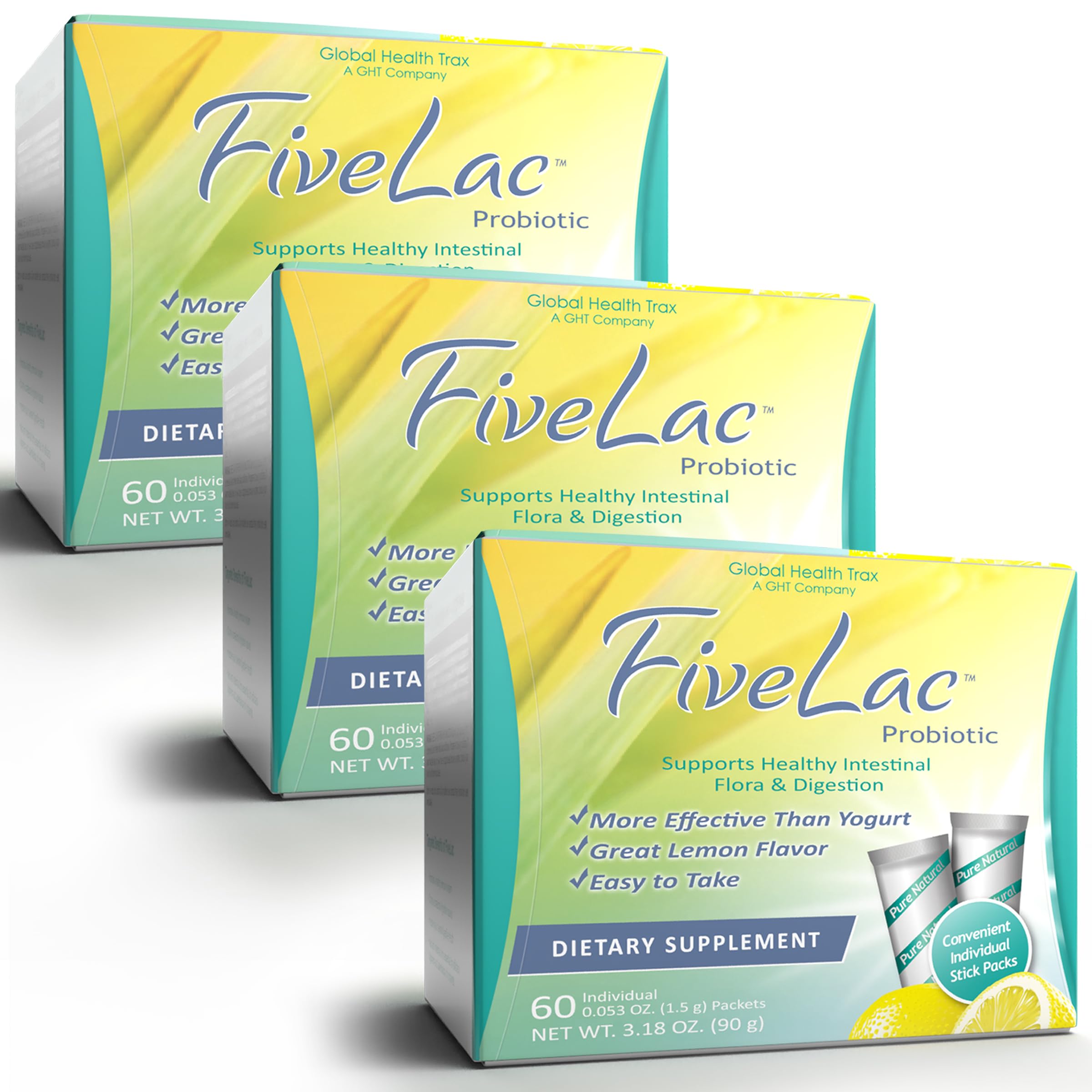 GHT - FiveLac Lemon Probiotic Powder Drink Mix, Probiotics for Women, Men, and Kids - Smooth Digestive Support and Elimination - Relieves Occasional Constipation and Gas - 60 Packets (3 Pack) Non-GMO ght Global Health Trax buy supplements canada