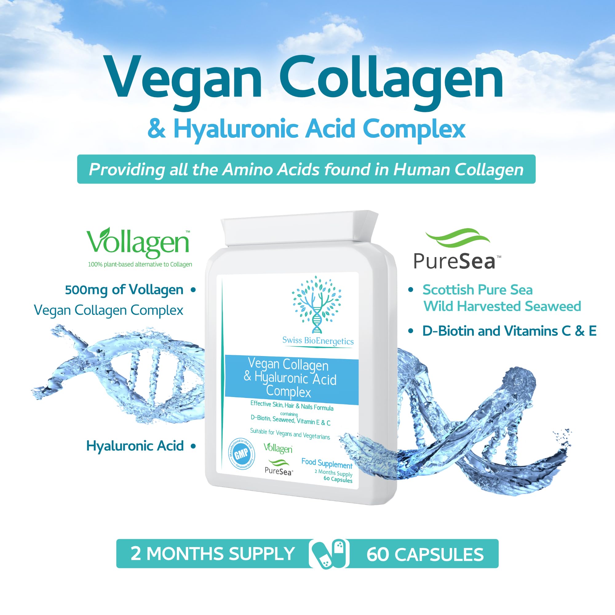 Vegan Collagen & Hyaluronic Acid Complex - 60 Capsules - Effective Skin, Hair & Nails Formula with 500mg swiss bioenergetics buy supplements canada