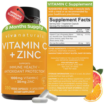 Viva Naturals Vitamin C and Zinc Supplement (250 Capsules) - 1000 mg Vitamin C with Zinc 20 mg Antioxidant Supplements for Immune Support, Vitamin Supplement for Adults Viva Naturals buy supplements canada