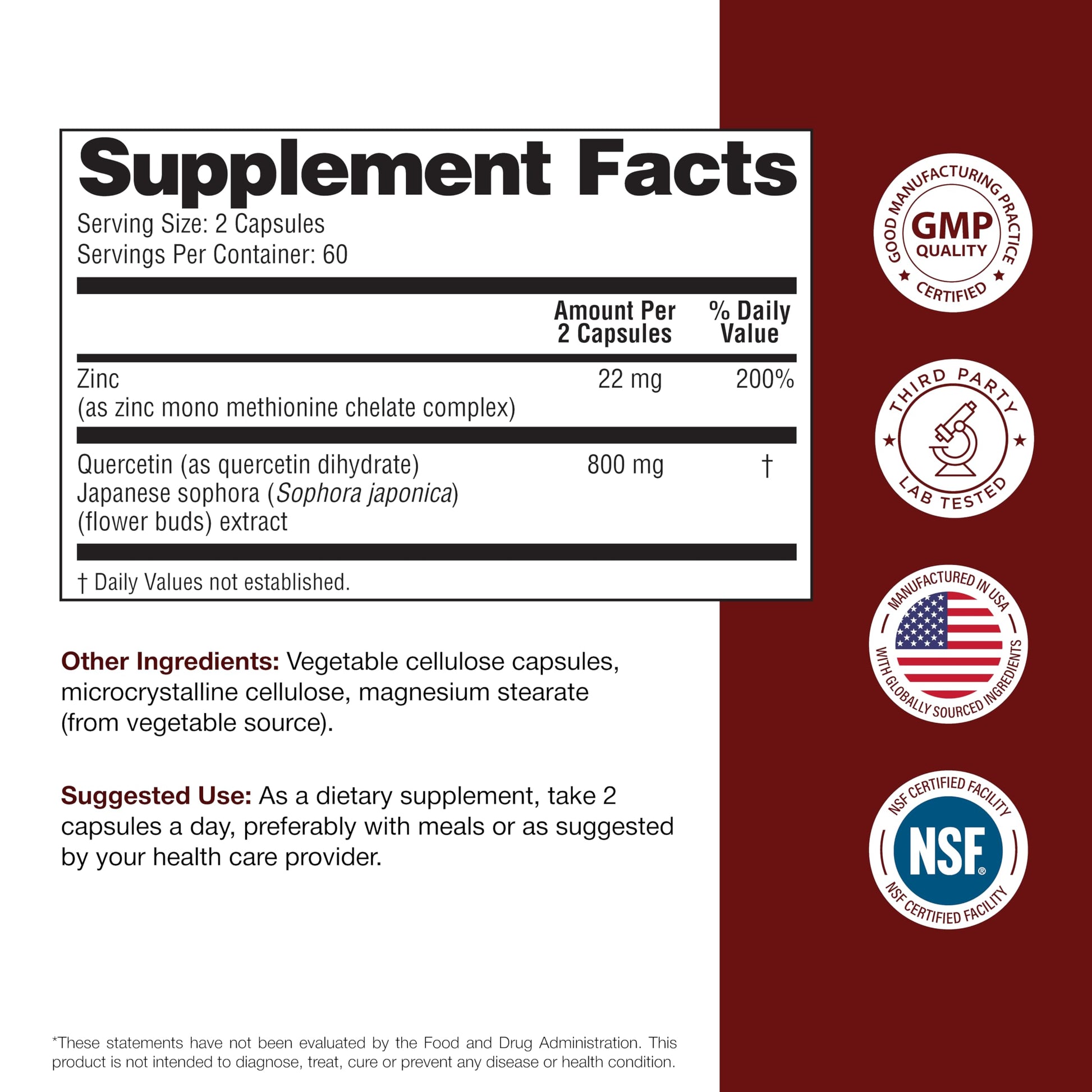 Sandhu's Zinc Quercetin 120 Vegetarian Capsules (Pack of 1) | High Absorption Zink Supplements for Immunity and Seasonal Allergy | Antioxidant Immune Support Sandhu's buy supplements canada