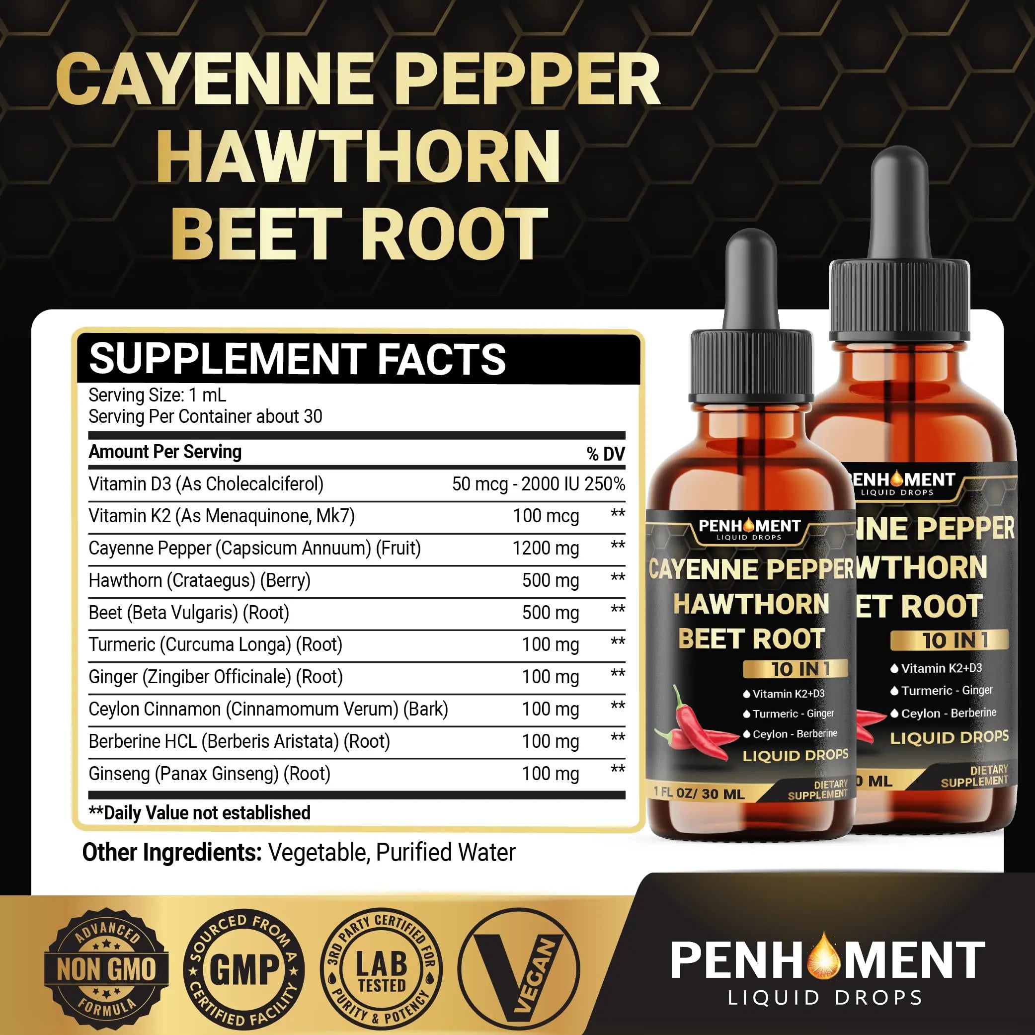 Penhoment 2 Packs - 2700 mg 10in1 Cayenne Pepper Liquid Drops with Hawthorn Berry, Vitamin D3 K2, Beet Root, Ginger Turmeric, Ginger, Ceylon Cinnamon, Berberine, and Ginseng - 2 Months Penhoment buy supplements canada