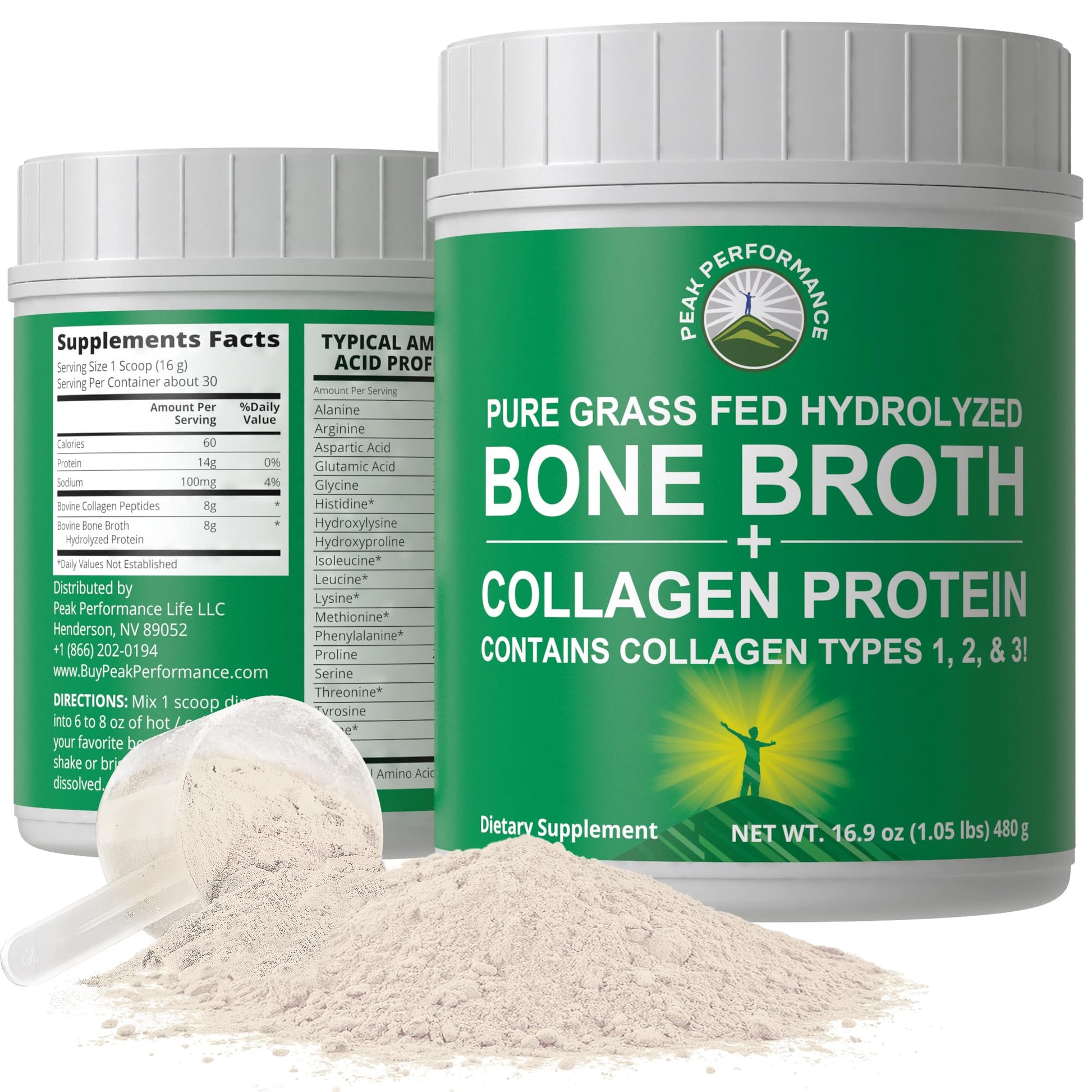 Peak Performance Hydrolyzed Bone Broth and Collagen Unflavored Protein Peptides Powder Contains All Collagen Types: 1, 2, and 3. Pure Pasture, Raised Grass Fed, Paleo Friendly, Gluten + Dairy Free Peak Performance buy supplements canada