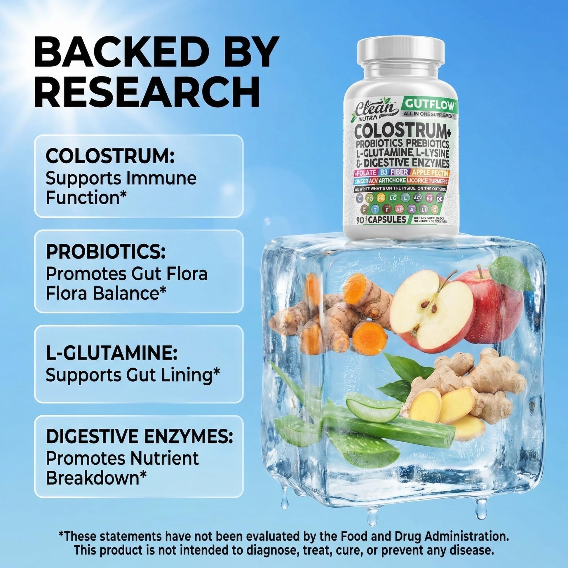 Clean Nutraceuticals Colostrum Supplement Capsules Probiotics Pills Prebiotics, L-Glutamine, Digestive Enzymes, Folate, Fiber, ACV, Turmeric, Apple Pectin and Turmeric Pills Clean Nutraceuticals buy supplements canada