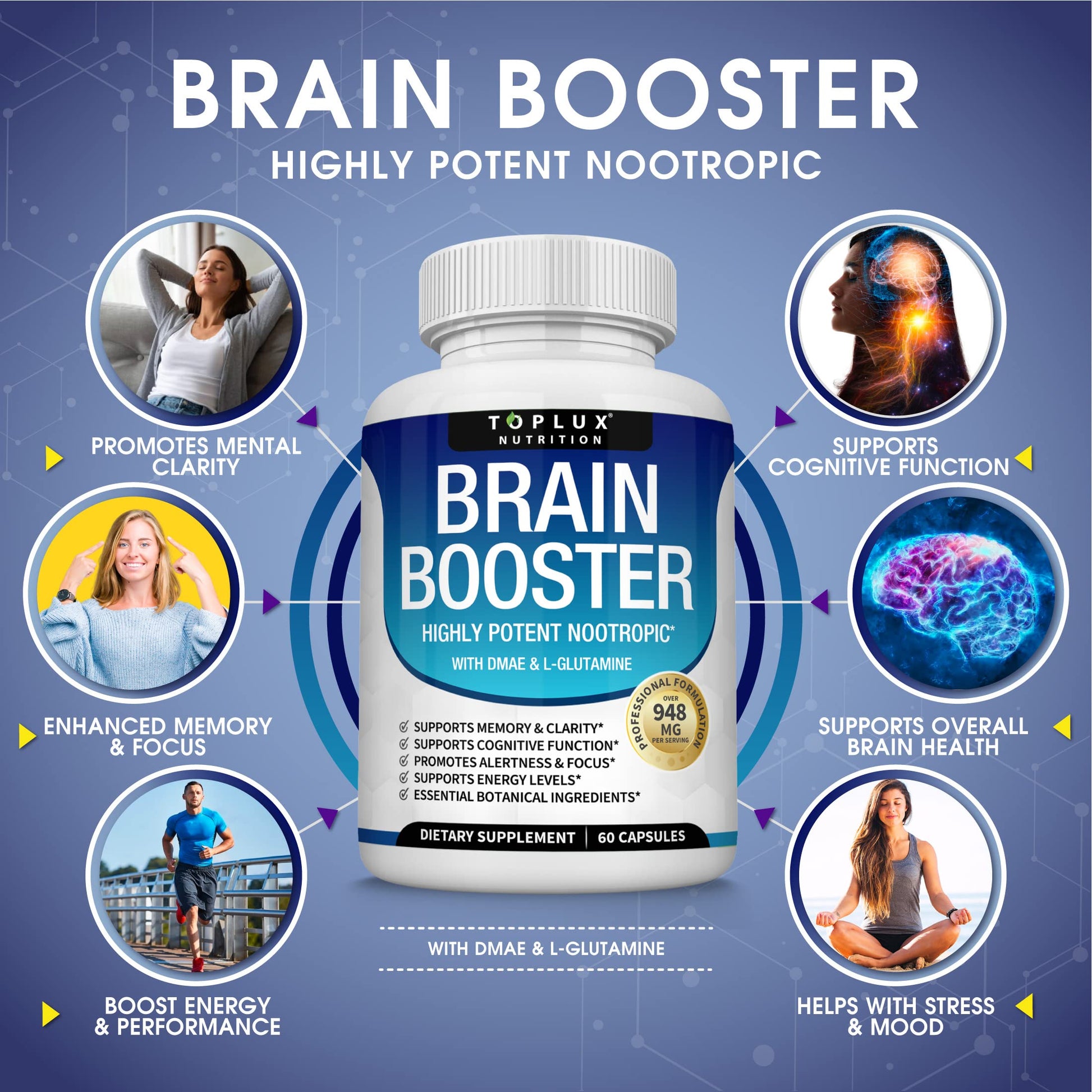 Toplux Brain Supplement Nootropic – Brain Pills Vitamin with DMAE, Bacopa Monnieri, L-Gutamine, for Men Women, 60 Capsules, Nutrition Toplux buy supplements canada