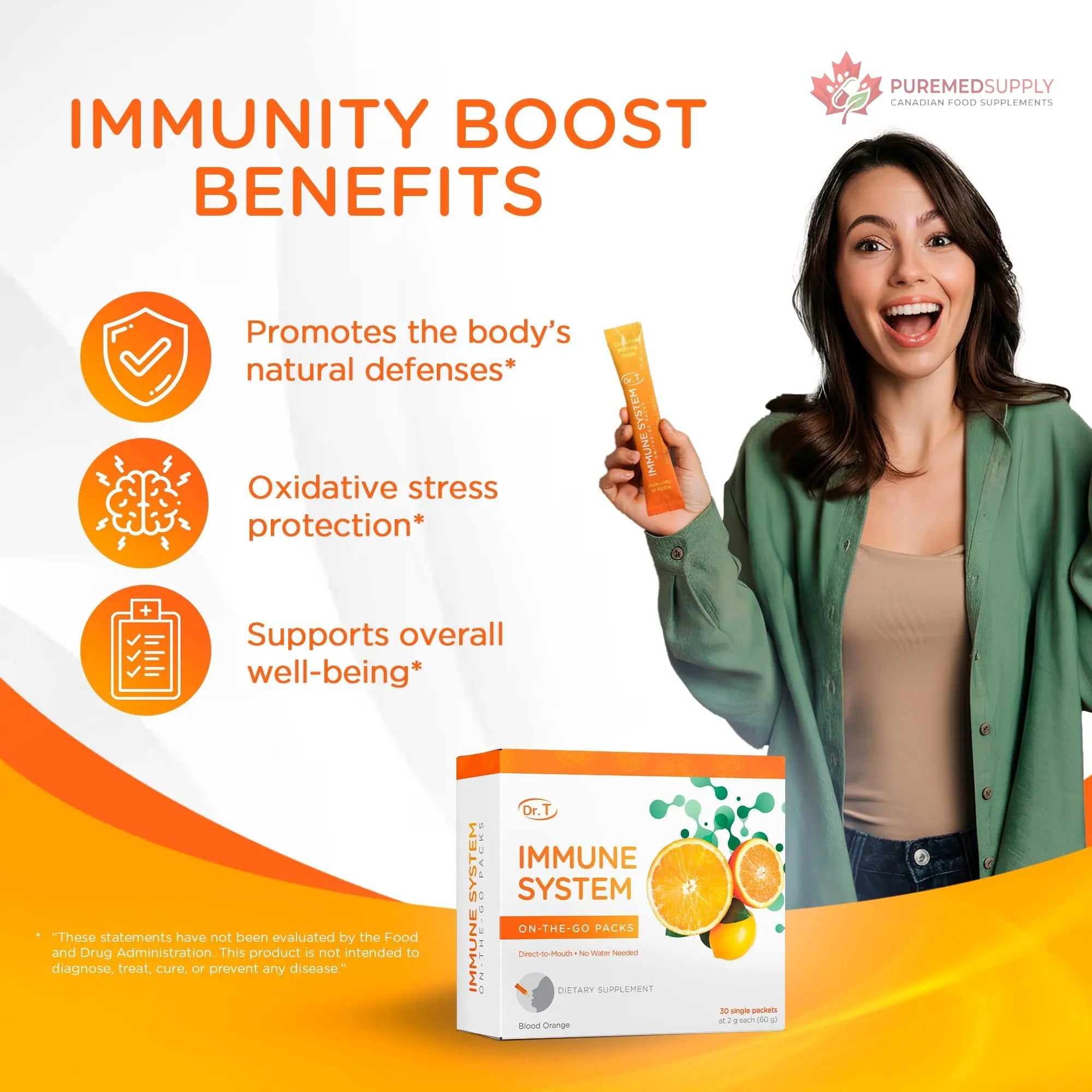 Dr. T On-the-go Packs – Immune System Formula – No Water Needed, Direct-to-Mouth – with Vitamins C, E, Zinc & Selenium – Supports Daily Wellness, Vitality & Overall Health – Orange, 30 Packs Dr. T buy supplements canada