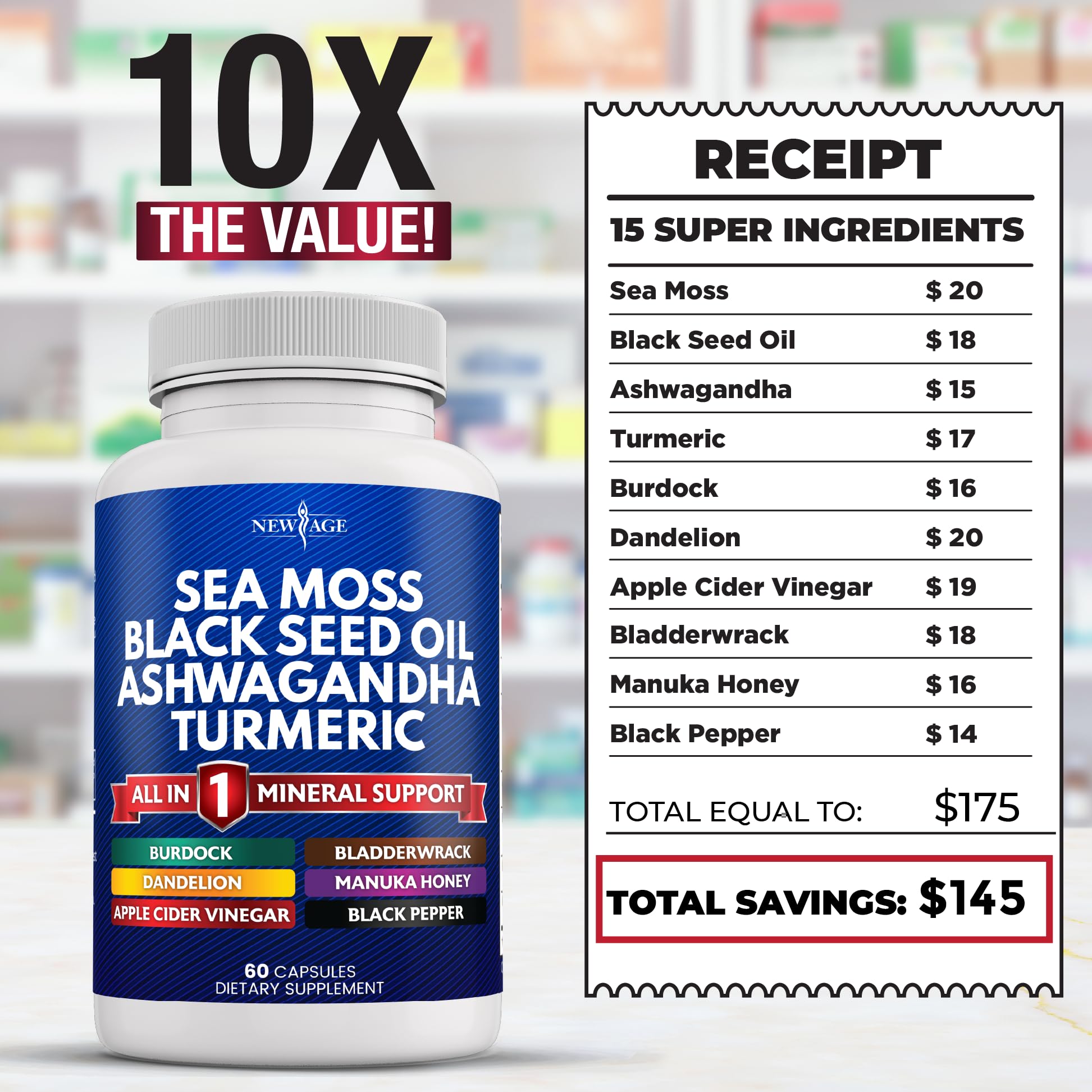 Silica Sea Moss 3000mg Black Seed Oil 2000mg Ashwagandha 1000mg Turmeric 1000mg NEW AGE buy supplements canada