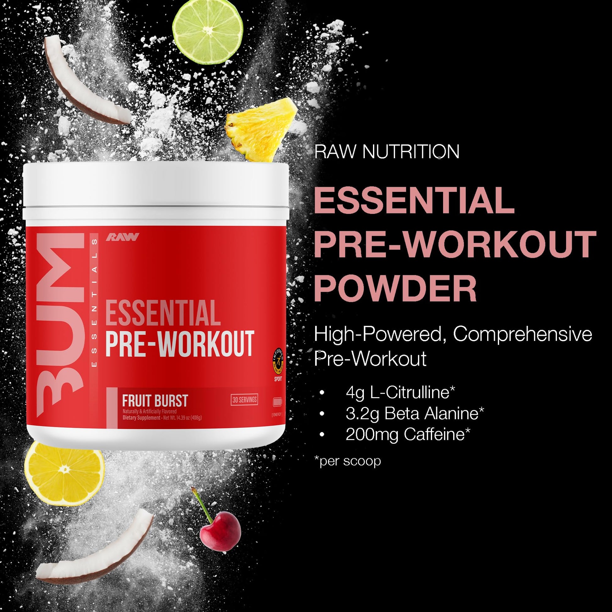 RAW Essential Pre-Workout Powder (Fruit Burst) - Chris Bumstead Sports Nutrition Supplement for Men & Women - Preworkout Energy Powder with Caffeine RAW buy supplements canada