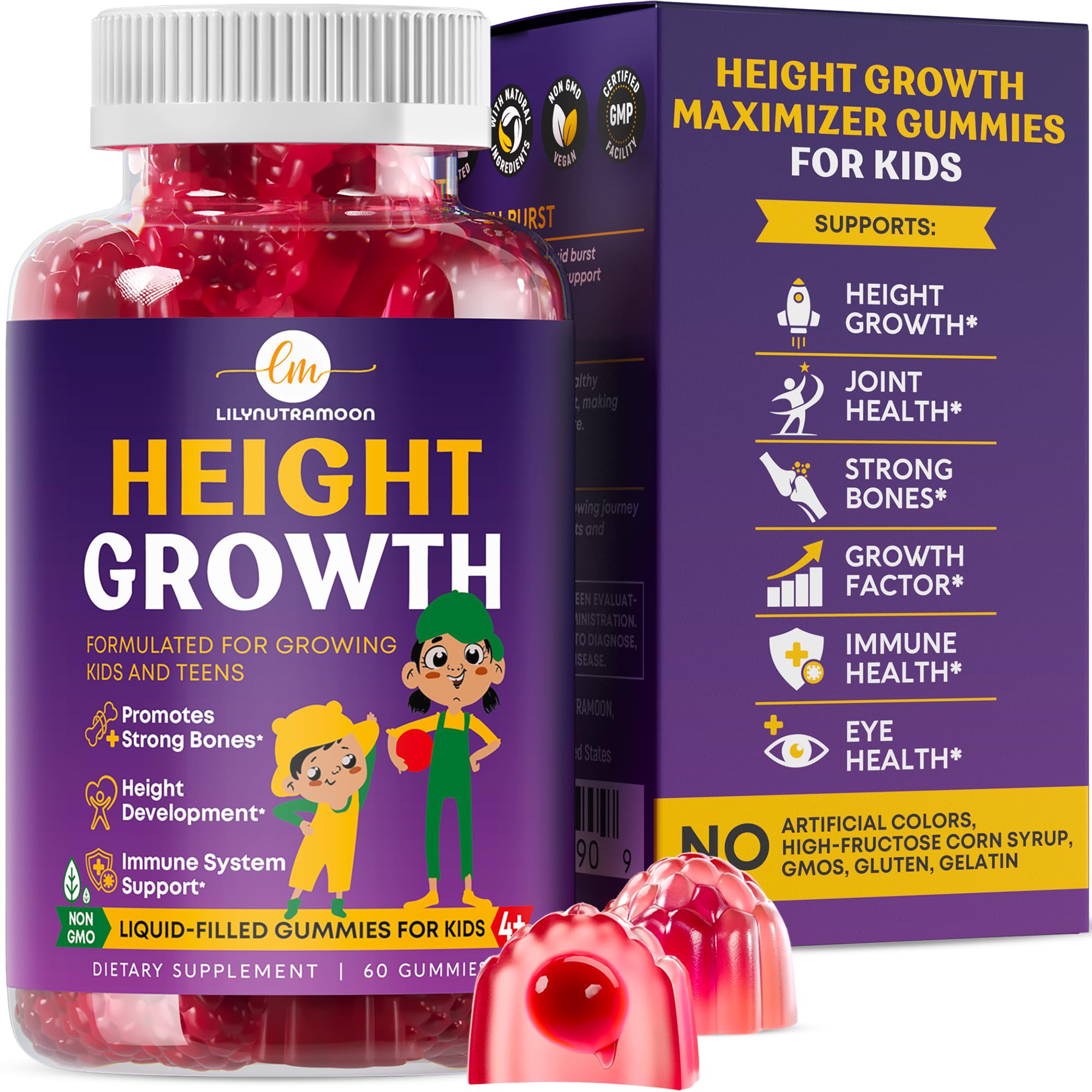 Height Growth Gummies for Kids & Teens - Calcium, Vitamin D3 + K2, Zinc, Magnesium, L-Arginine, Vitamin C - Multivitamin for Teen Boys & Girls - Grow Taller Supplement for Kids Height - 60 Gummies LM LILYNUTRAMOON buy supplements canada