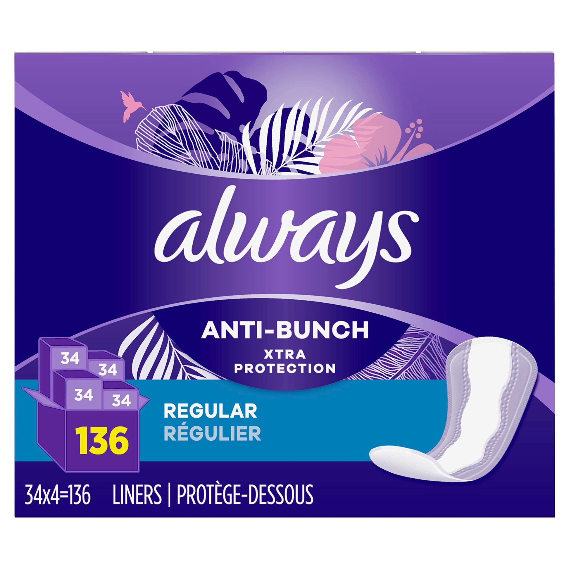 Always Anti-Bunch Xtra Protection Daily Liners, Regular Length, Unscented, 34 Count x 4 Always buy supplements canada