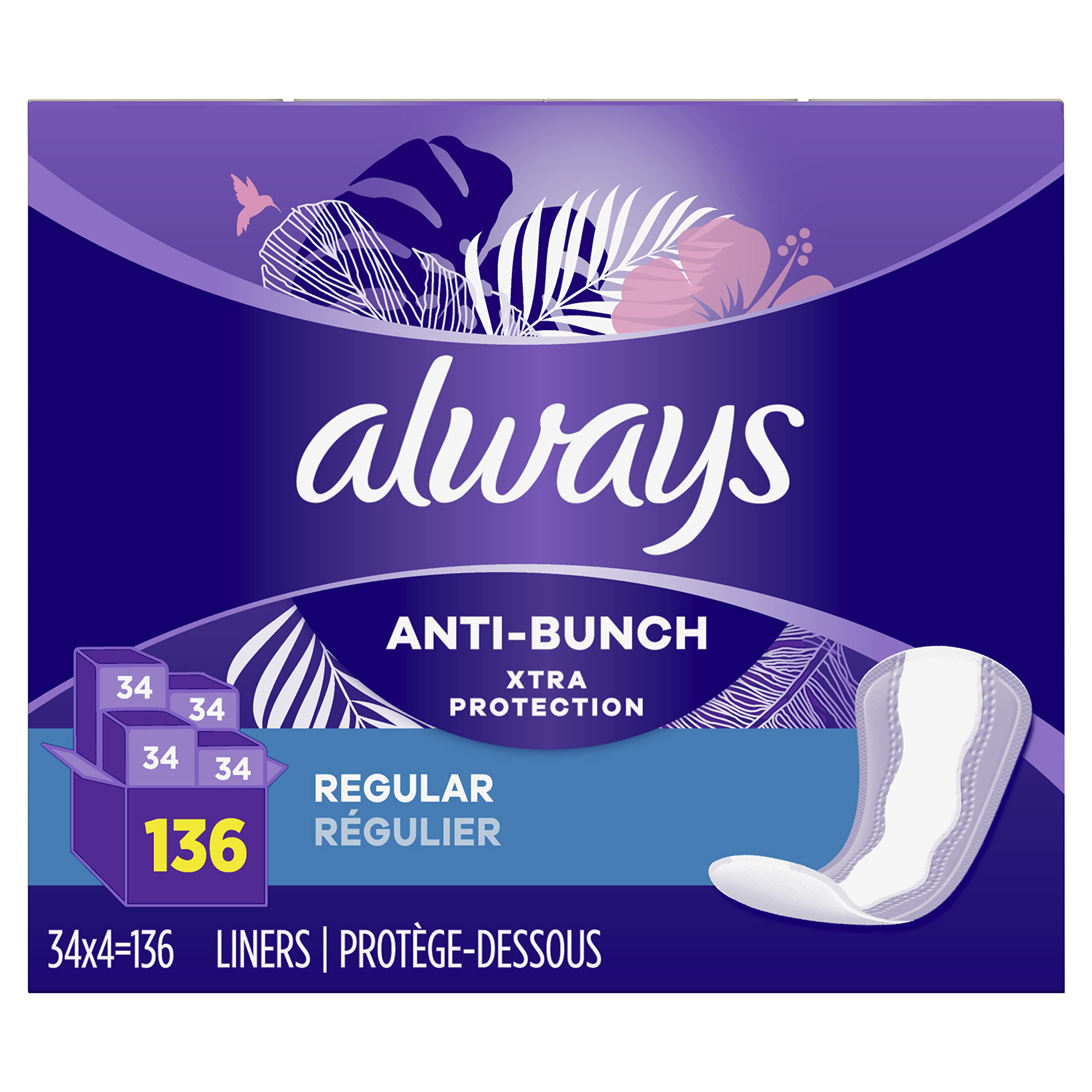 Always Anti-Bunch Xtra Protection Daily Liners, Regular Length, Unscented, 34 Count x 4 Always buy supplements canada