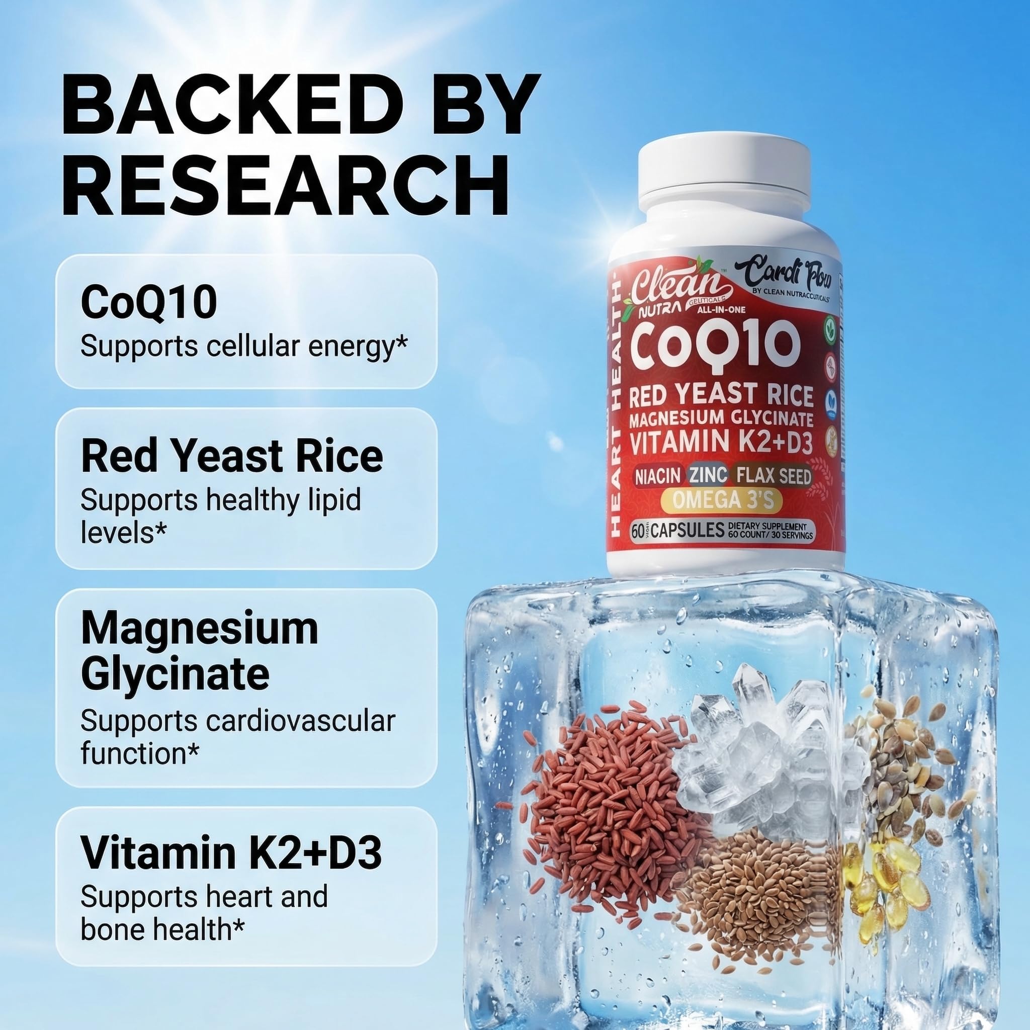 Clean Nutra CoQ10 Red Yeast Rice Magnesium Glycinate Vitamin K2 D3 Niacin Zinc Flax Seed Omega 3 Capsules 60 Count All in One Formula Premium Ingredients Dietary Supplement Clean Nutraceuticals buy supplements canada