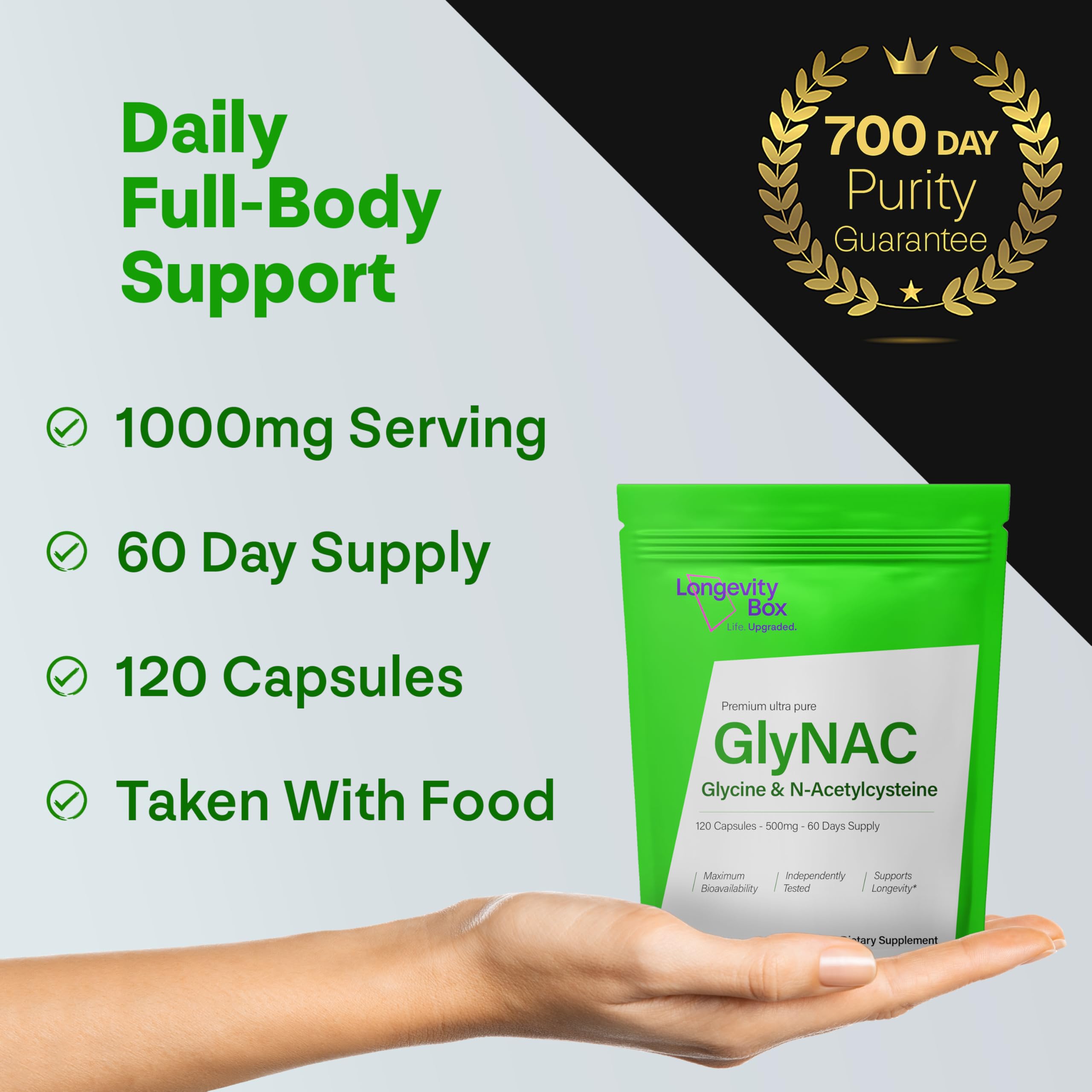 Longevity Box Ultra Pure GlyNAC Supplement 1000mg (500mg Glycine + 500mg N-Acetyl Cysteine) - Glutathione Precursor for Healthy Aging, Energy & Cellular Protection - 120 Vegan Capsules Longevity Box buy supplements canada