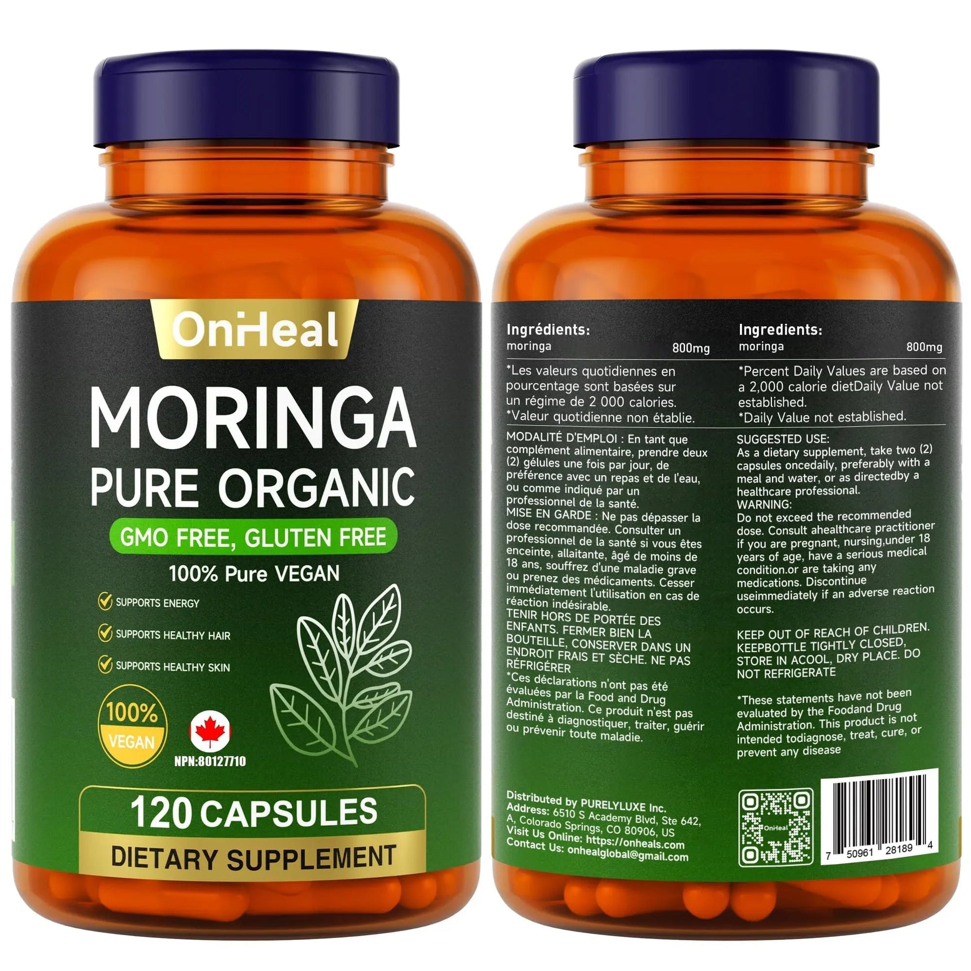 YBFQ Organic Moringa Capsules 1000 mg, 120 Count - Moringa Capsules with Organic Olefeira Powder, Supports Healthy Hair and Skin, Energy and Balance YBFQ buy supplements canada