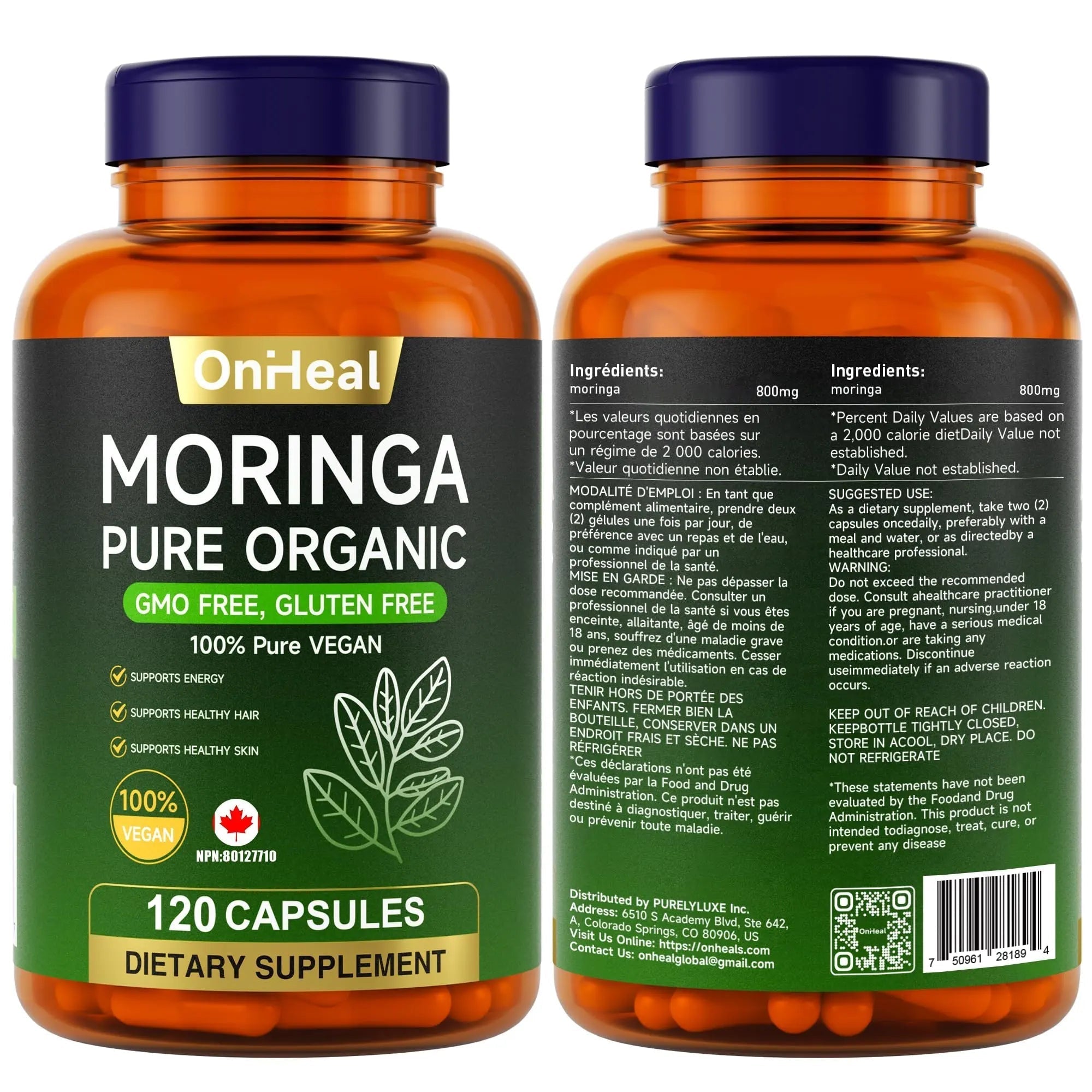 YBFQ Organic Moringa Capsules 1000 mg, 120 Count - Moringa Capsules with Organic Olefeira Powder, Supports Healthy Hair and Skin, Energy and Balance YBFQ buy supplements canada