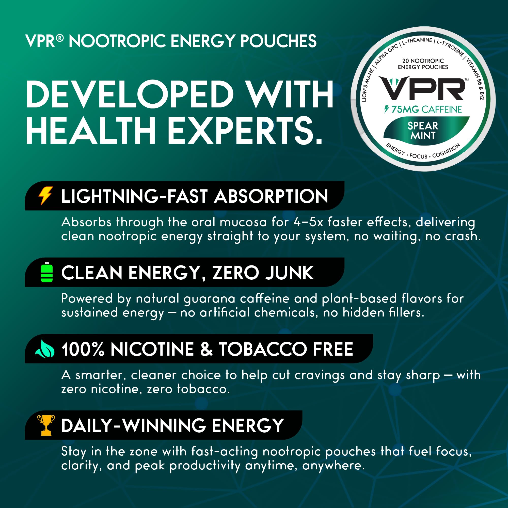 VPR 75MG Caffeine Nootropic Pouches | 20 Count Energy Pouches with Lion's Mane, Alpha-GPC, Vitamin B6 & B12, L-Theanine, and L-Tyrosine | Naturally Flavored Focus Pouches with No Sugar (Variety Pack) VPR Energy buy supplements canada