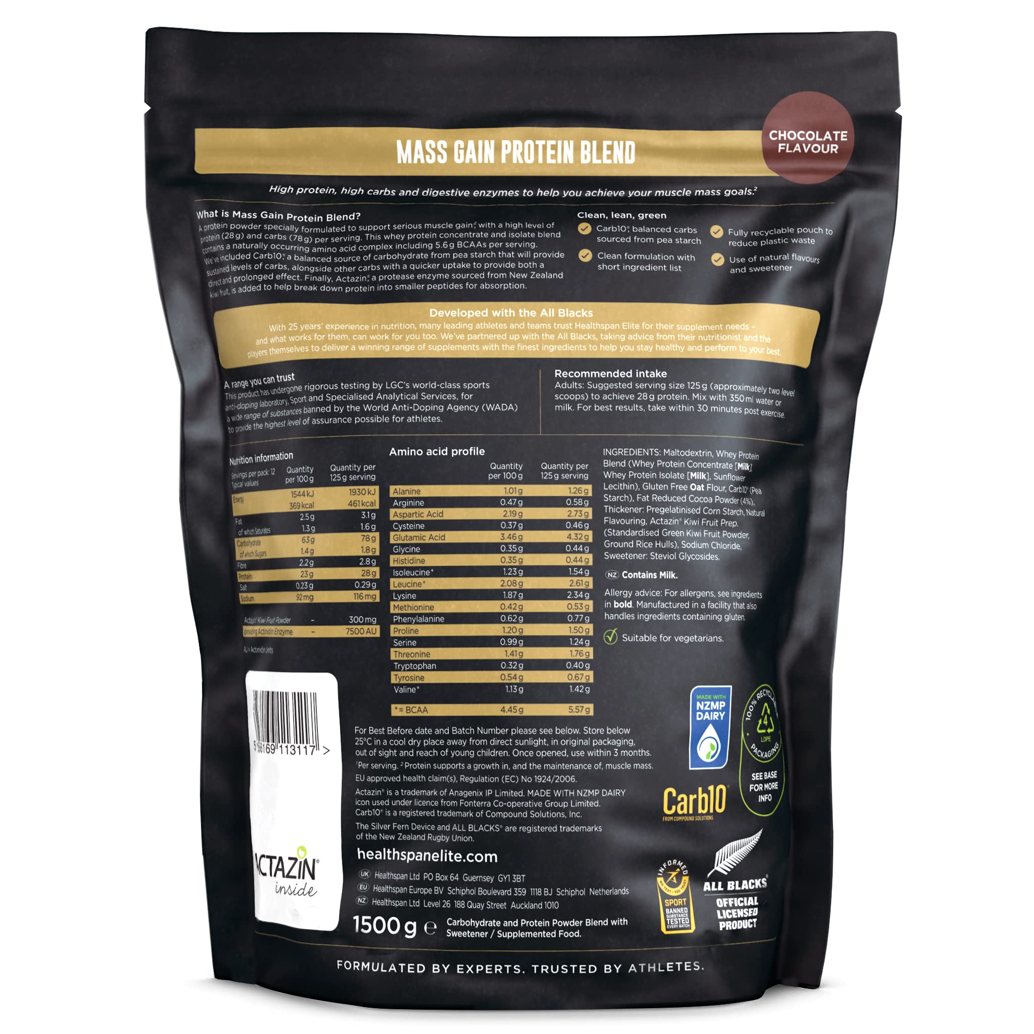 Healthspan Elite All Blacks Mass Gain Protein Blend (1500g) | Chocolate | 28g of Protein Healthspan Elite buy supplements canada