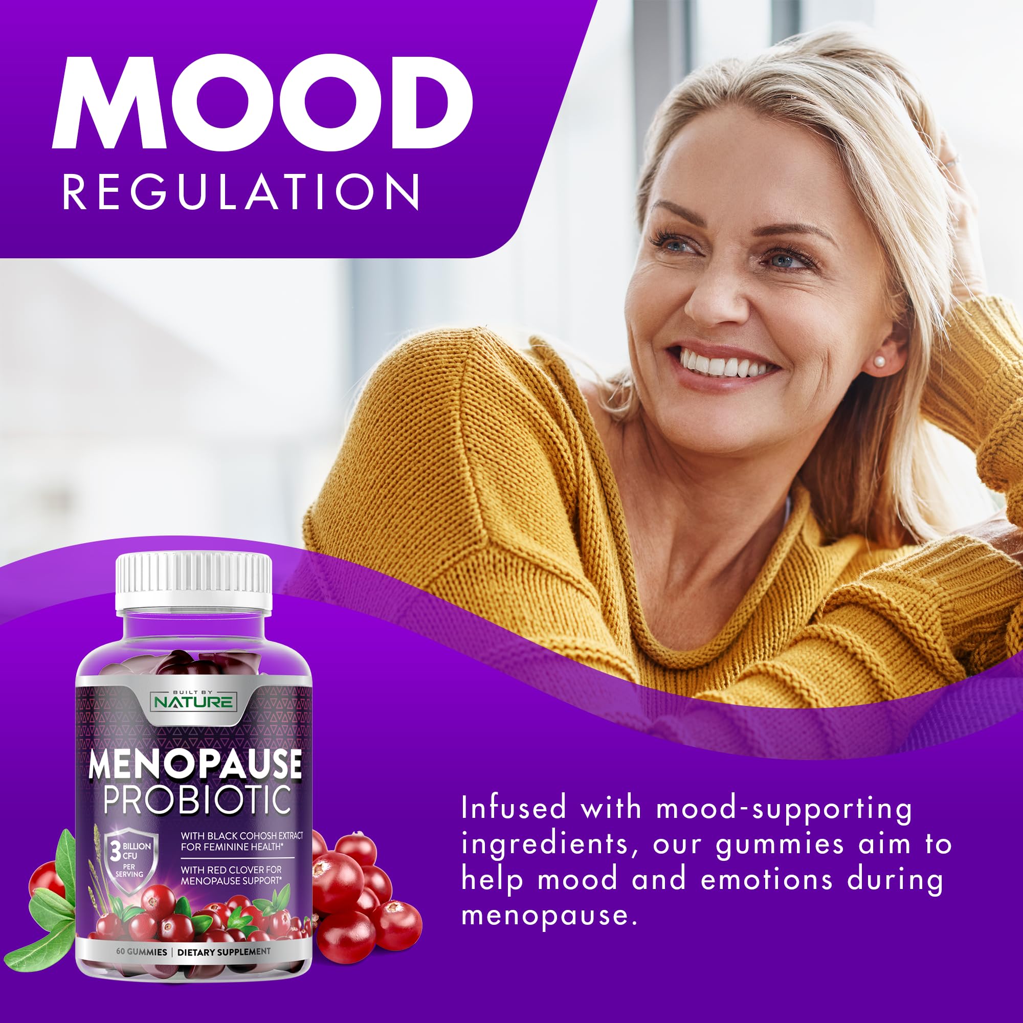 Menopause Supplements for Women - Menopause Probiotic Gummy - Women’s Menopause Relief for Hot Flashes, Night Sweats & Mood Swings with Black Cohosh & Cranberry - Non-GMO, Vegan - 60 Gummies Built by Nature buy supplements canada