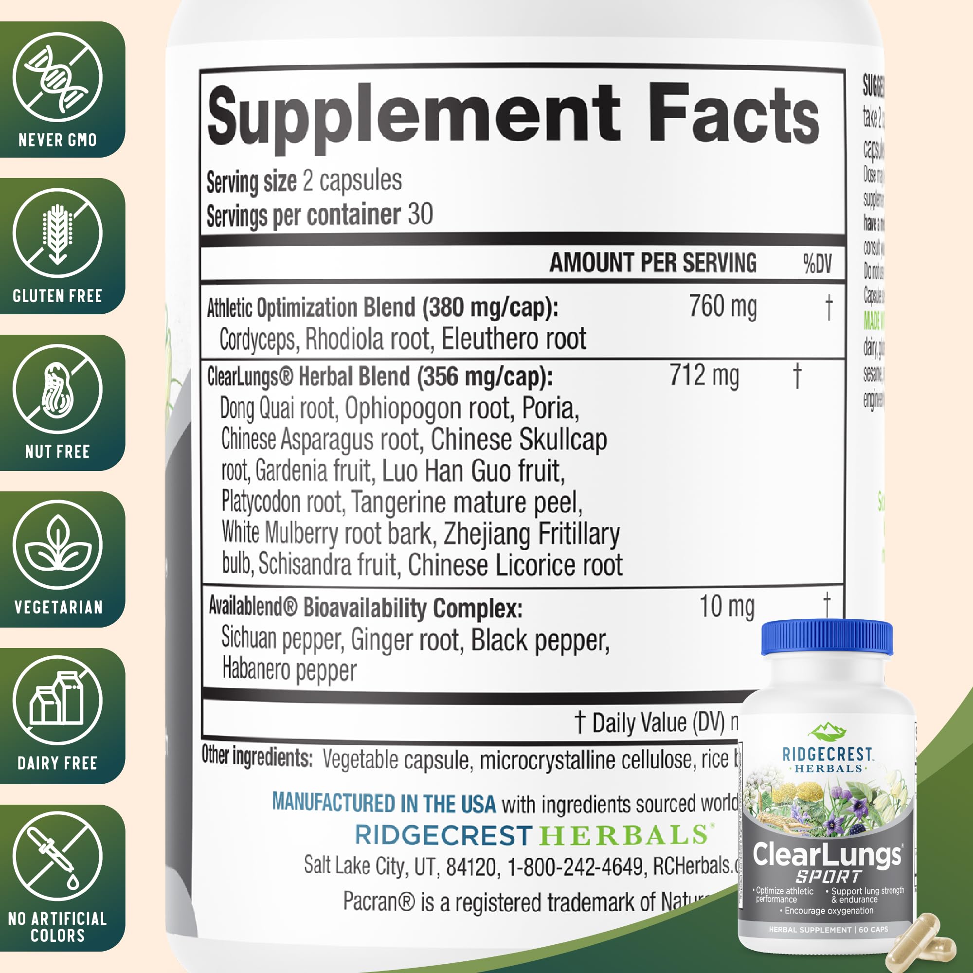 Ridgecrest Herbals ClearLungs Sport, Oxygen Intake and Lung Support Formula with Cordyceps, Rhodiola, Eleuthero (60 Vegan Caps, 30 Serv) RidgeCrest Herbals buy supplements canada