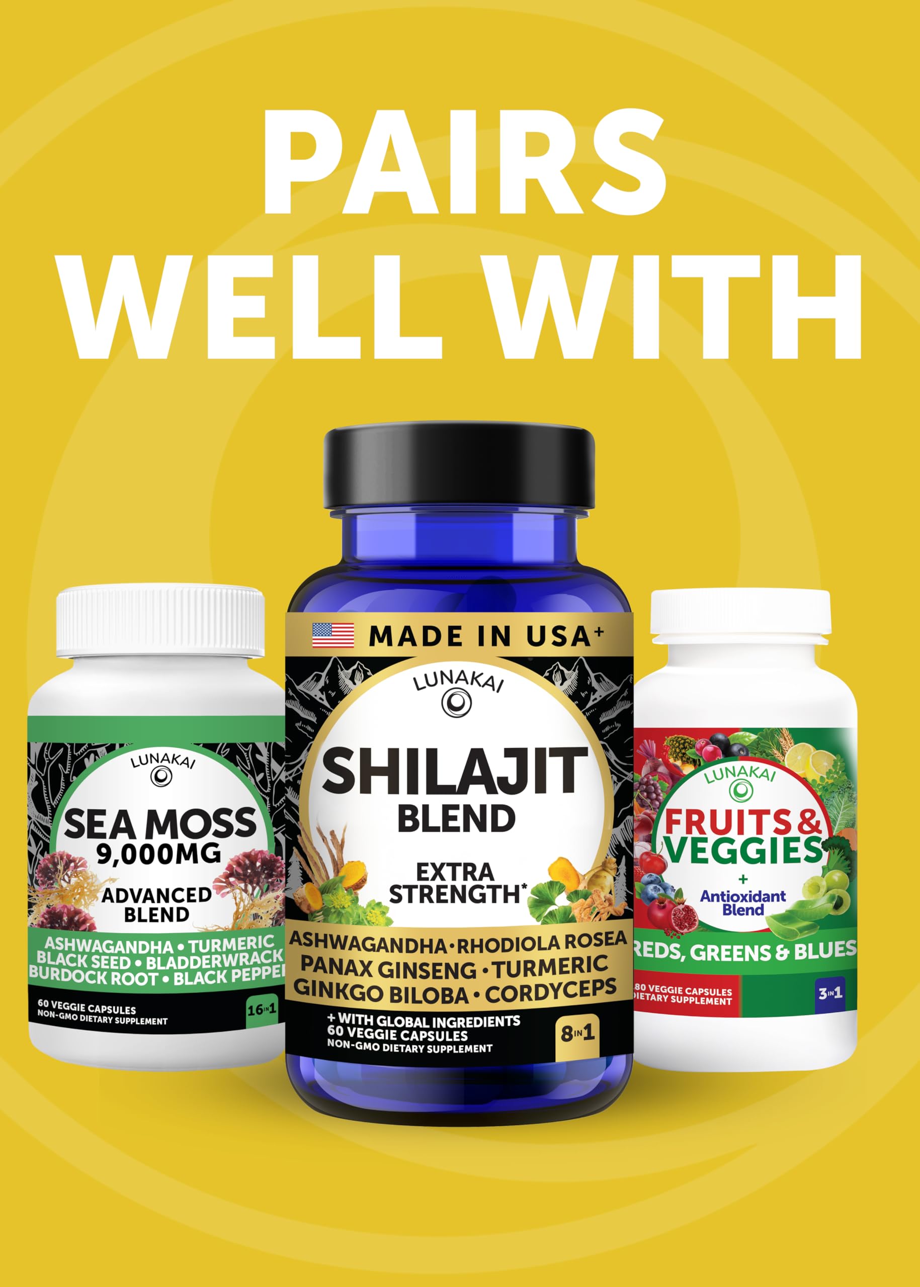 Lunakai USA Made Pure Shilajit Capsules with Ashwagandha, Rhodiola & Cordyceps - Extra Strength Shilajit Extract for Men & Women, 60ct Lunakai buy supplements canada