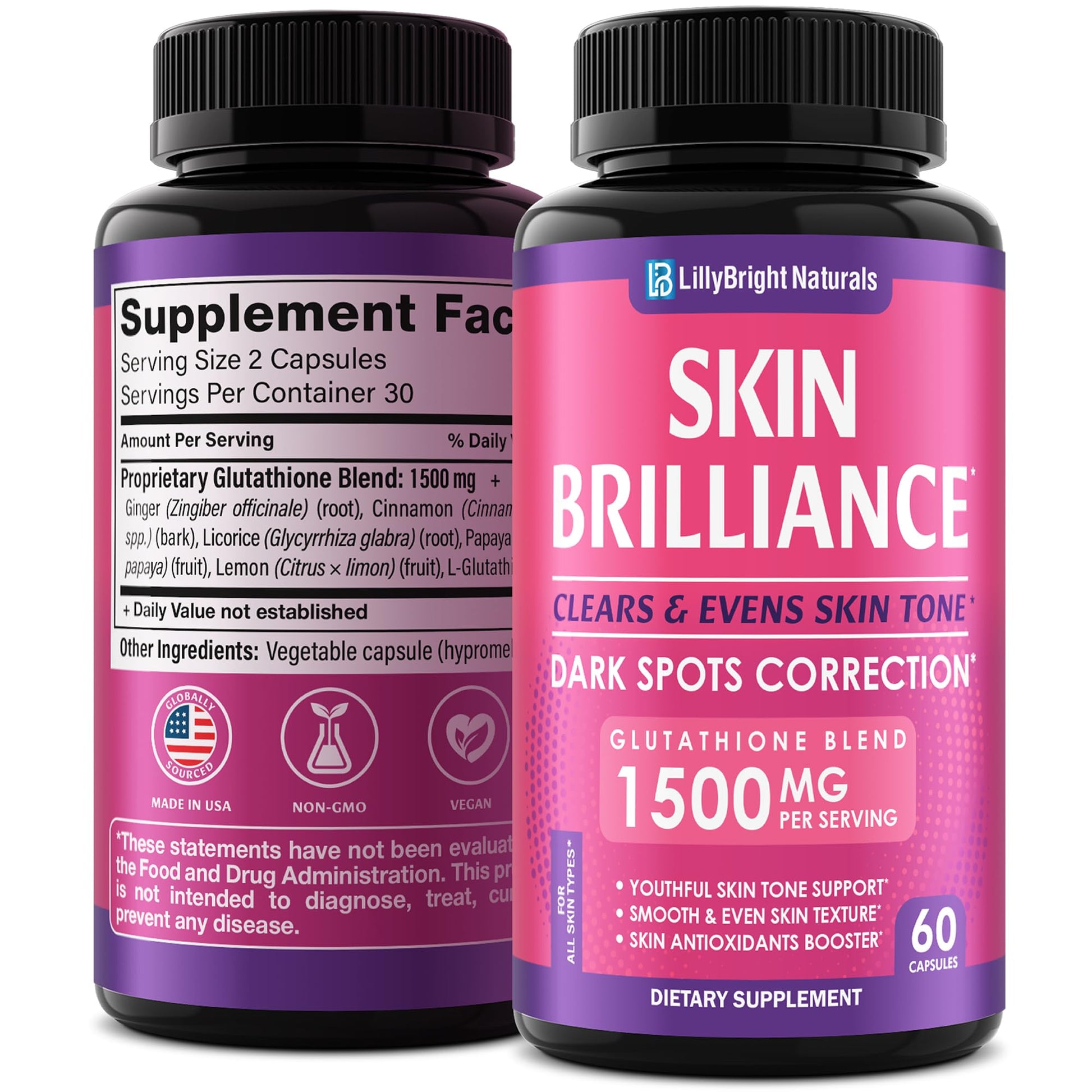 Glutathione Capsules - 1,500mcg L-Glutathione Supplement with Vitamin C - Skin Tone Enhancer - Targets Dark Spots & Acne Marks - Antioxidant Supplement for Beauty & Health Support - 60 Skin Pills LB LILLYBRIGHT NATURALS buy supplements canada