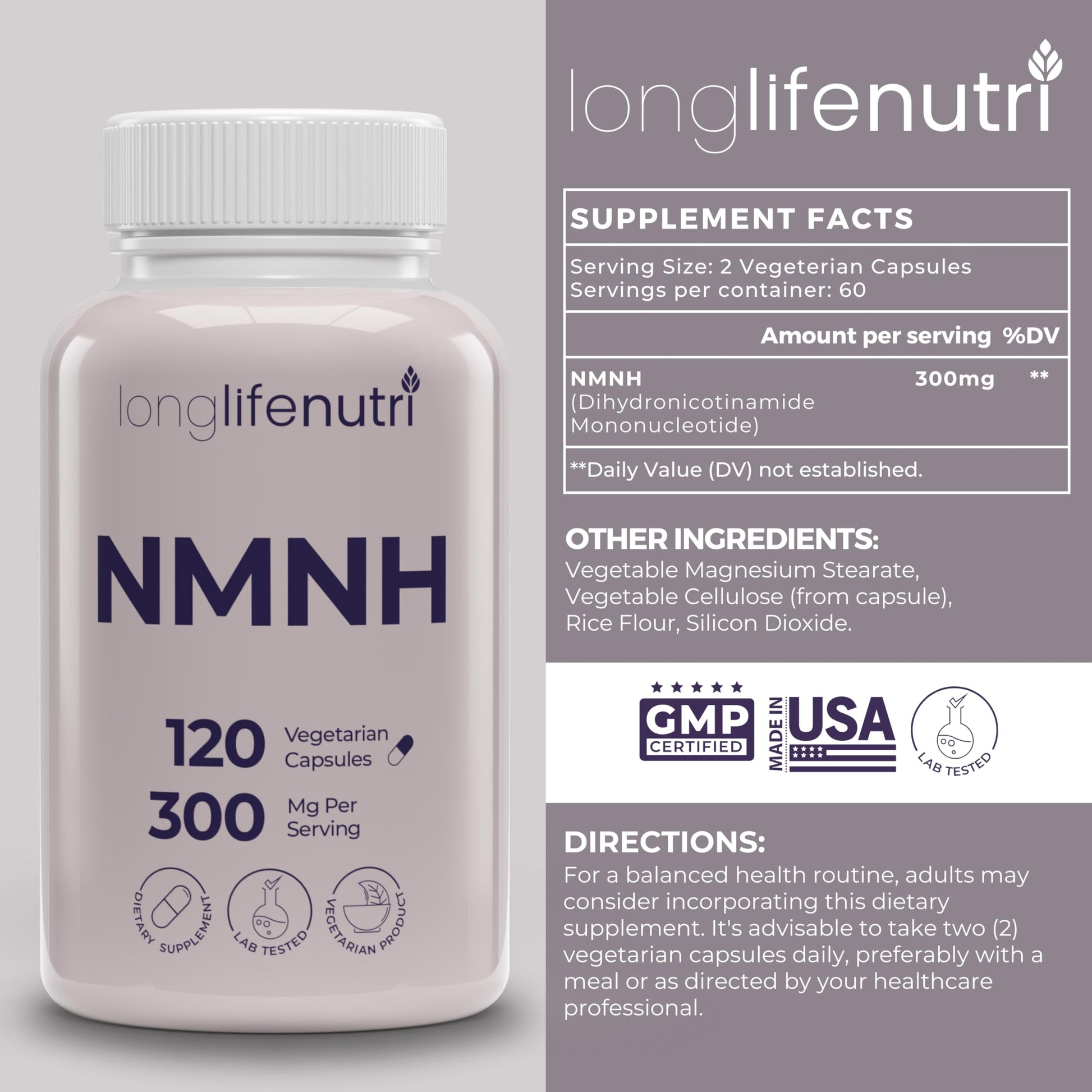 LongLifeNutri NMNH 300mg (Dihydronicotinamide Mononucleotide) - 120 Vegan Capsules, 2-Month Supply, NMN Alternative, NAD Supplement for Energy & Longevity, Lab Tested, Made in USA LongLifeNutri buy supplements canada