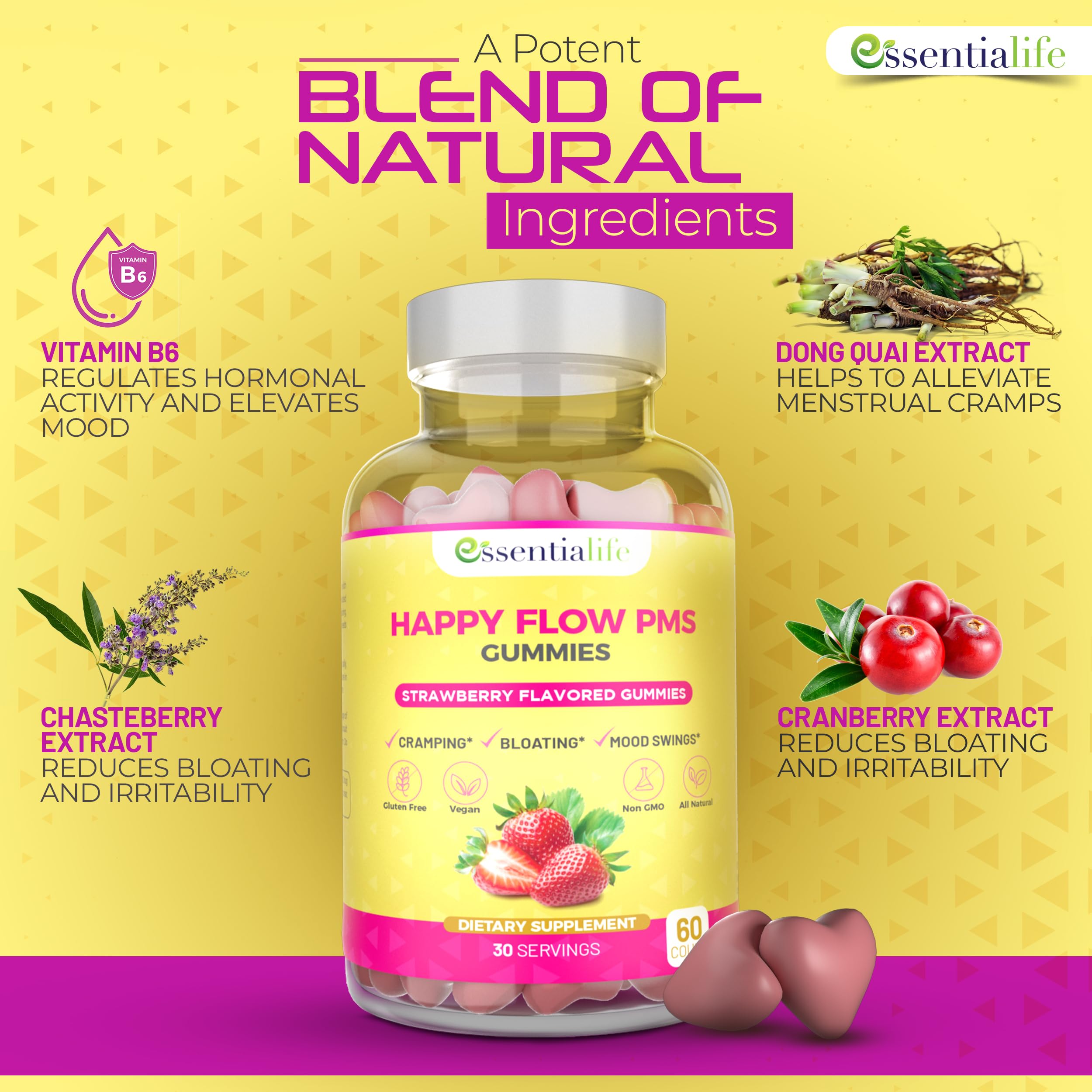 PMS Gummies - Happy Flow PMS Support Supplement for Women - Strawberry PMS Relief Supplement with Vitamin B6 for Hormone Balance, Period Support, Cramps, Hormonal Acne & Bloating Relief (60 Count) Essentialife buy supplements canada