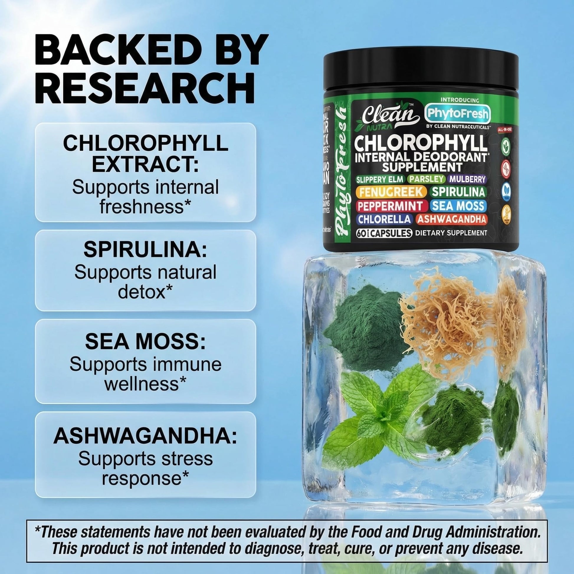 Clean Nutra Chlorophyll Capsules Supplement Internal Deodorant Peppermint, Sea Moss, Parsley, Chlorella, Spirulina, Slippery Elm, Ashwagandha, PhytoFresh Greens Detox Pills Clean Nutraceuticals buy supplements canada