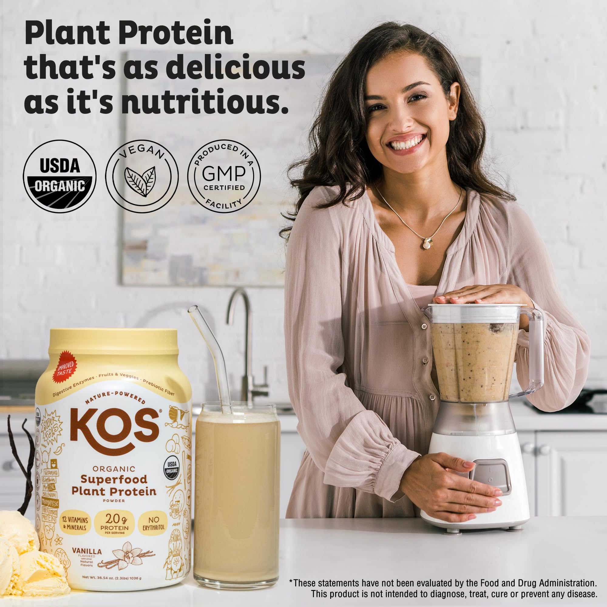 KOS Vegan Protein Powder Erythritol Free, Vanilla USDA Organic - Pea Protein Blend, Plant Based Superfood Rich in Vitamins & Minerals - Keto, Dairy Free - Meal Replacement for Women & Men, 28 Servings KOS buy supplements canada