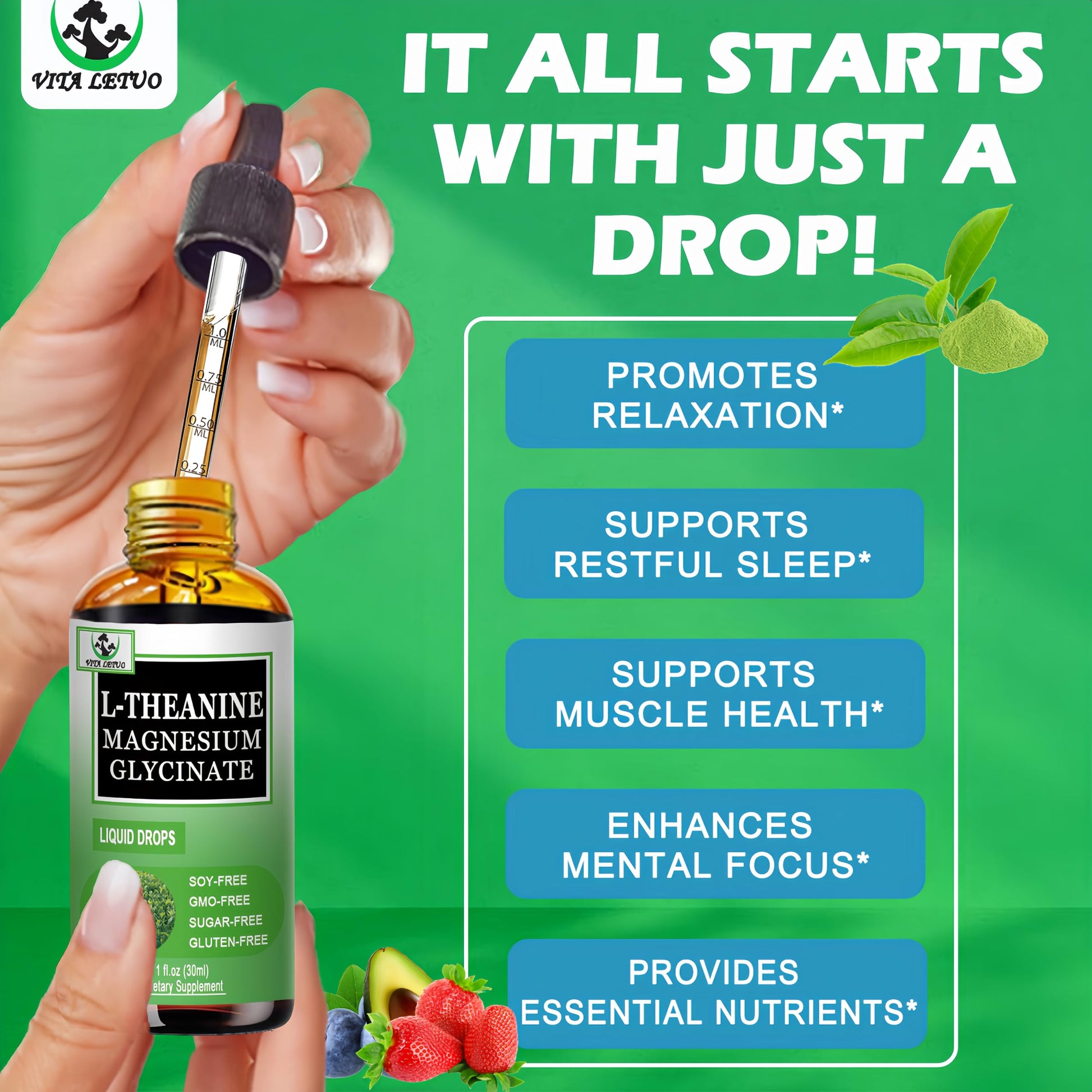 L Theanine Drops, Liquid L-Theanine Supplement 200mg w/Magnesium Glycinate,Vitamins,Fiber for Relaxation,Sleep,Digestion, Calm,High Absorption Mood Support for Adults & Kids,Plant Based,Non-GMO Vita letuo buy supplements canada