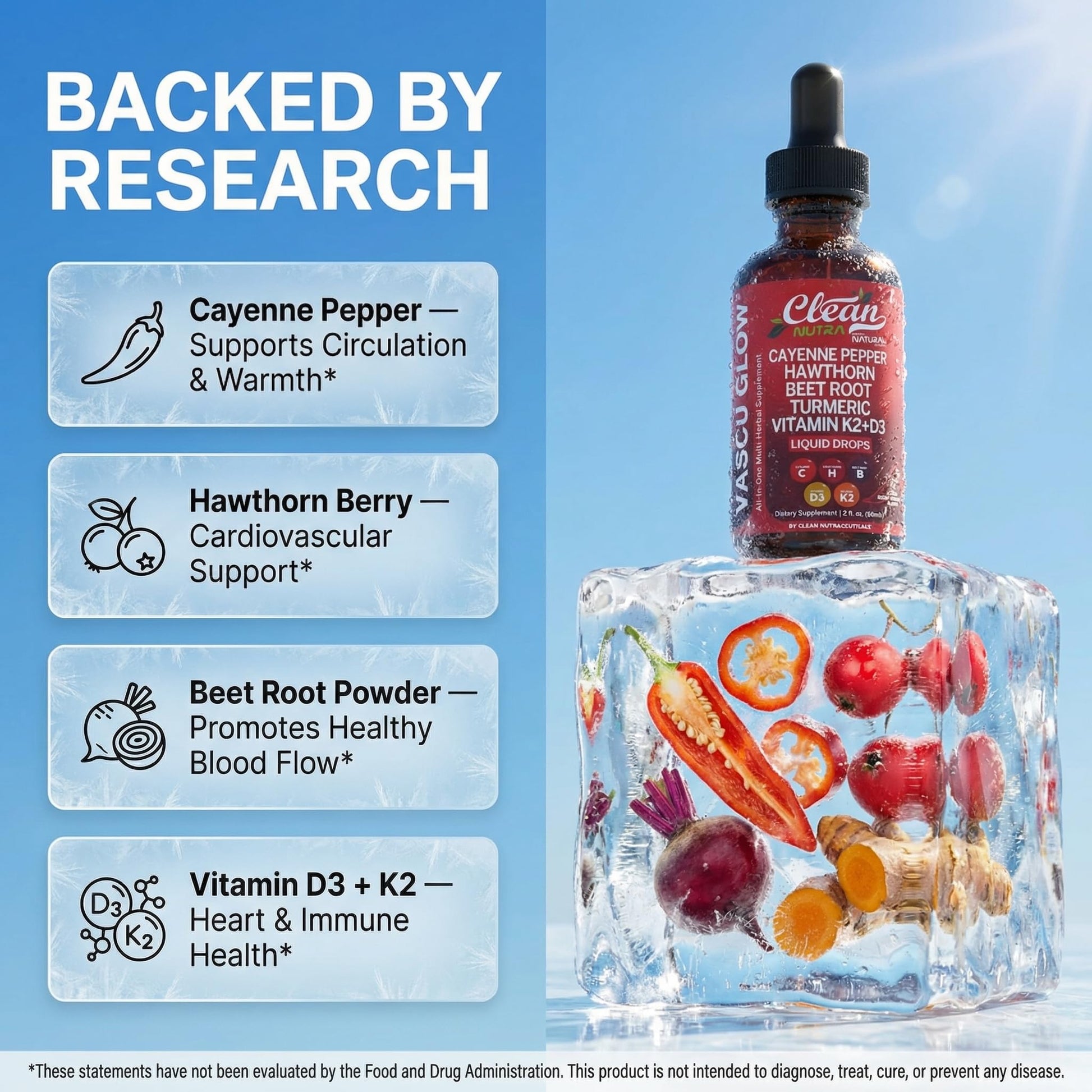 Clean Nutra Cayenne Pepper Drops Supplement Liquid + Hawthorn Berry, Vitamin D3 K2 Beet Root Powder, Ceylon Cinnamon, Turmeric Curcumin Clean Nutraceuticals buy supplements canada