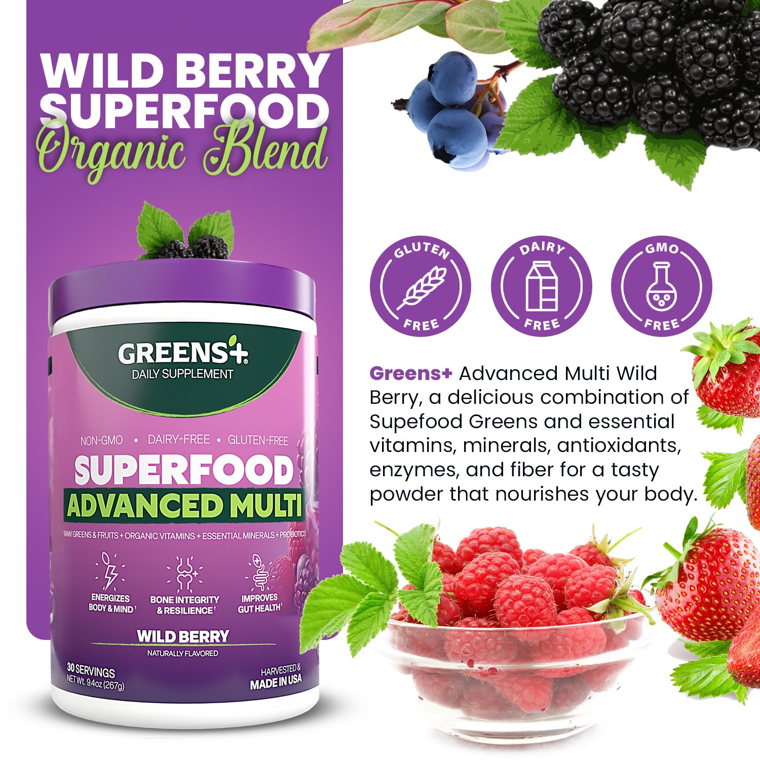 Greens+ Advanced Multi Wild Berry Superfood Powder, Organic Blend, Vegan, Non-GMO, Soy-Free, Dairy-Free, Gluten-Free, Dietary Supplement with Vitamins & Minerals, 9.4 oz Greens+ buy supplements canada