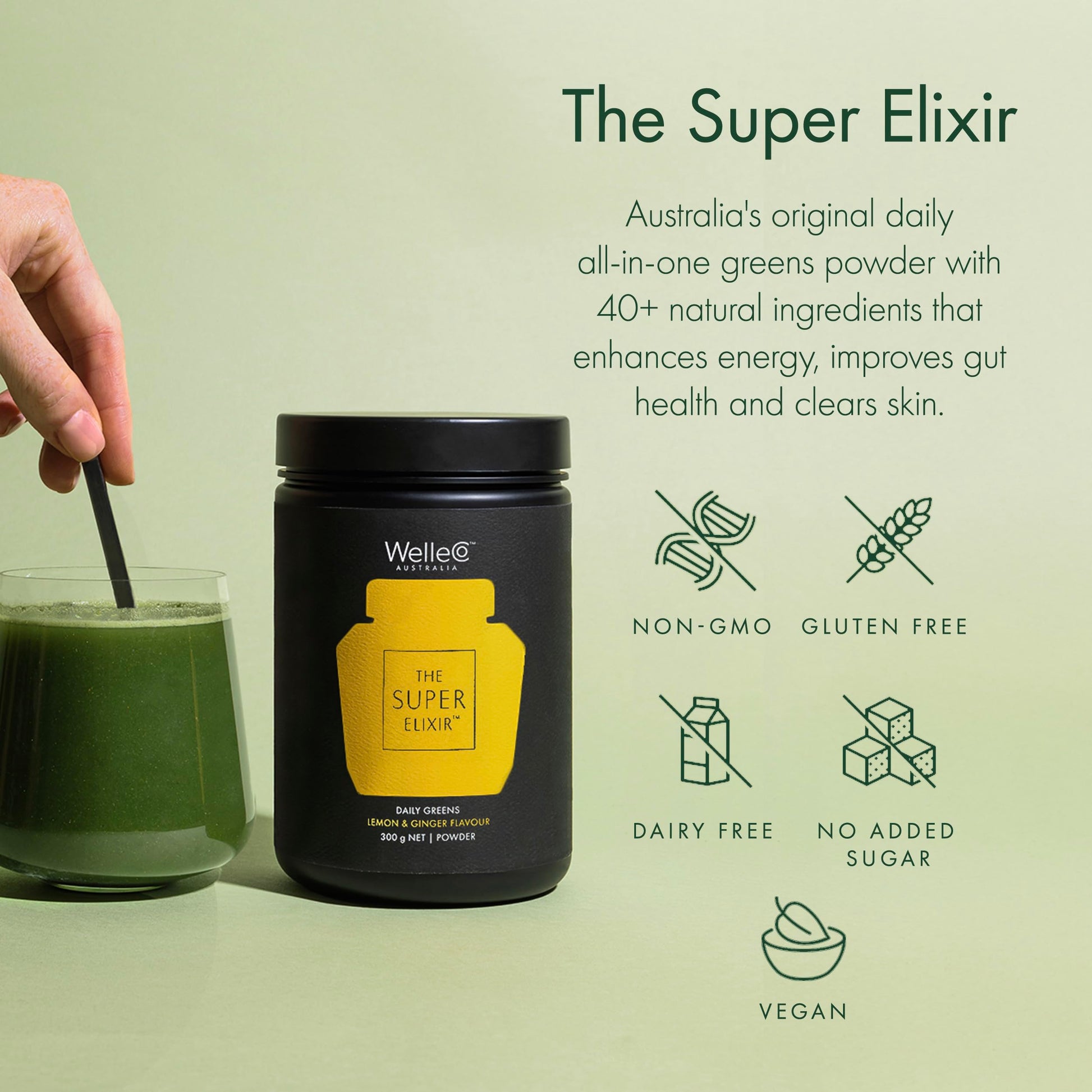 WelleCo The Super Elixir Daily Greens Powder, Probiotic Drink Mix with Whole Foods, Gluten Free, Vegan Gut Health Powder, Energy, Immunity, Healthy Skin, Hair & Nails (300g, Lemon Ginger) WelleCo buy supplements canada