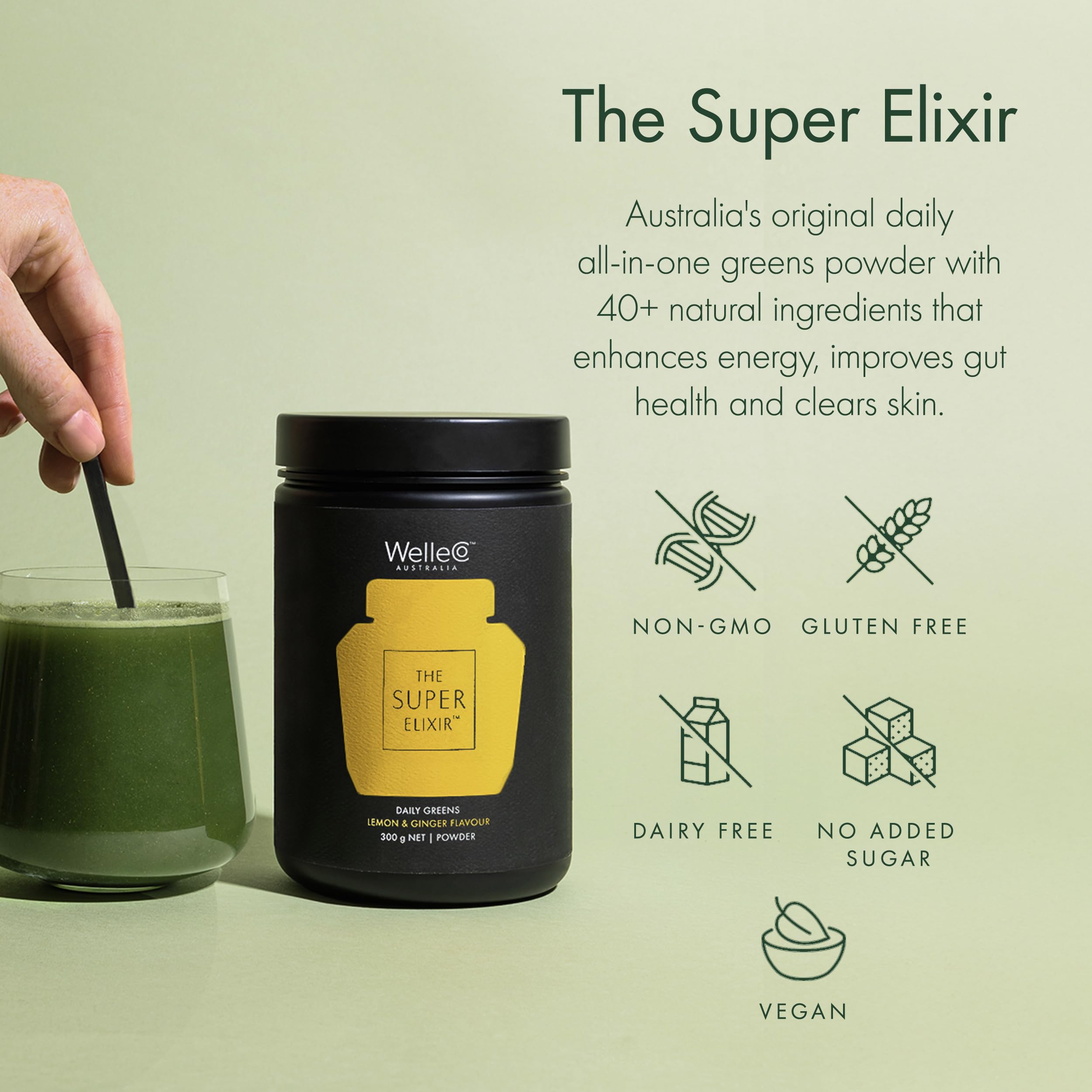 WelleCo The Super Elixir Daily Greens Powder, Probiotic Drink Mix with Whole Foods, Gluten Free, Vegan Gut Health Powder, Energy, Immunity, Healthy Skin, Hair & Nails (300g, Lemon Ginger) WelleCo buy supplements canada