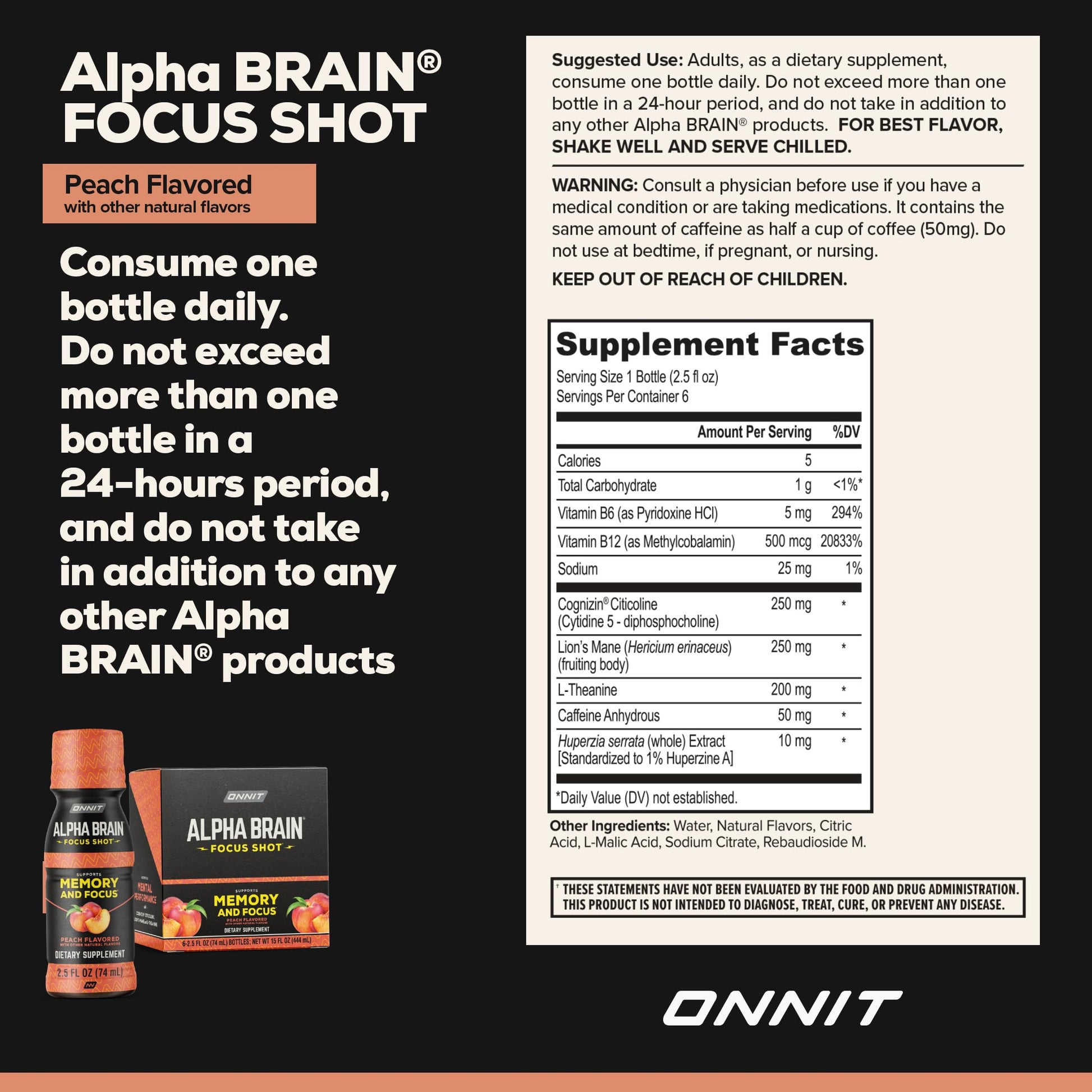 ONNIT Alpha Brain Focus Shot, Peach Flavor, Nootropic Dietary Supplement Drink That Supports Energy, Focus, and Mood, IGEN™ Non-GMO Tested, 2.5 fl oz, 6 Count ONNIT buy supplements canada