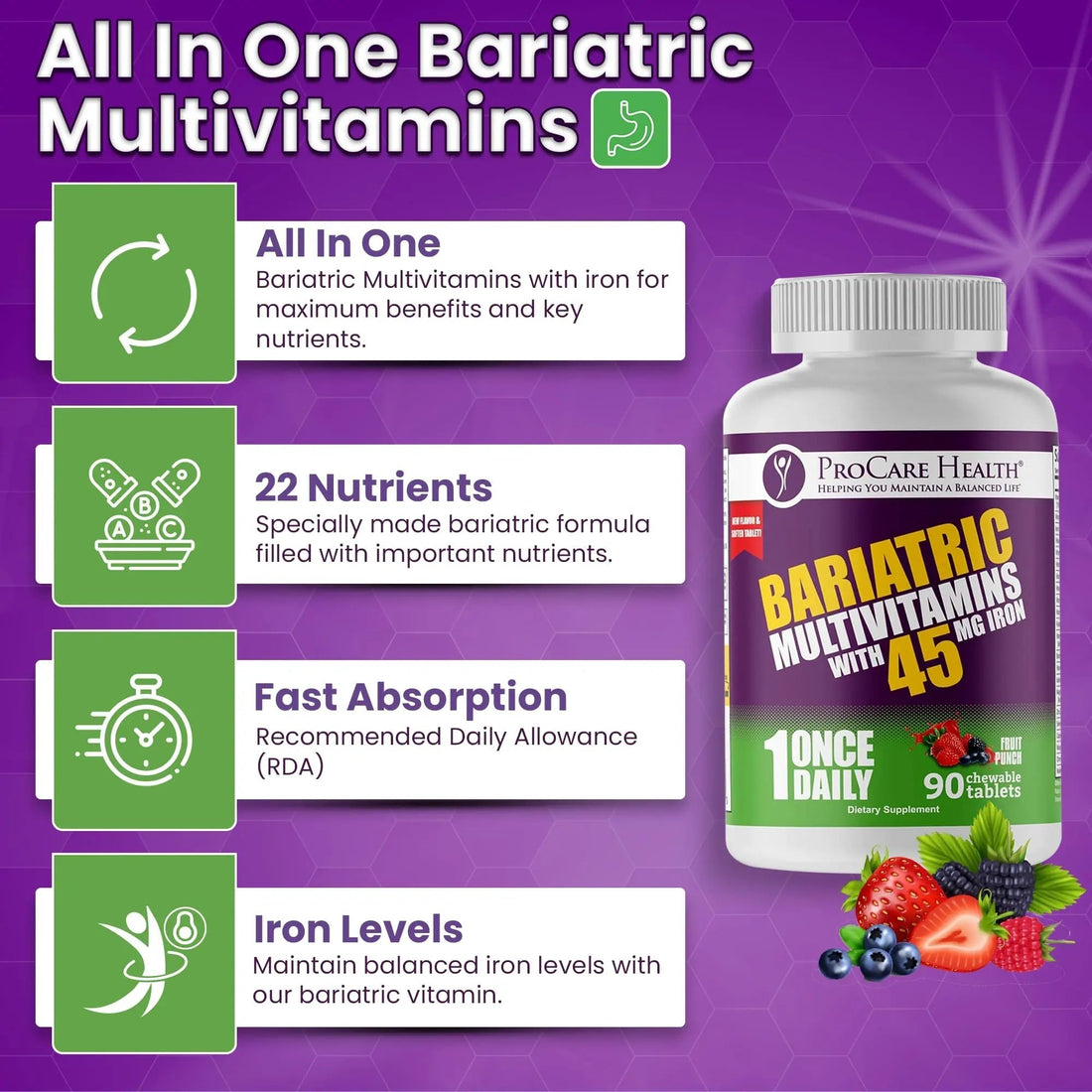 Procare Health Bariatric Multivitamin with Iron 45mg Chewable (90 Tablets) - Fruit Punch Flavor Bariatric Multivitamin Chewable Pills for Gastric Bypass ProCare Health buy supplements canada