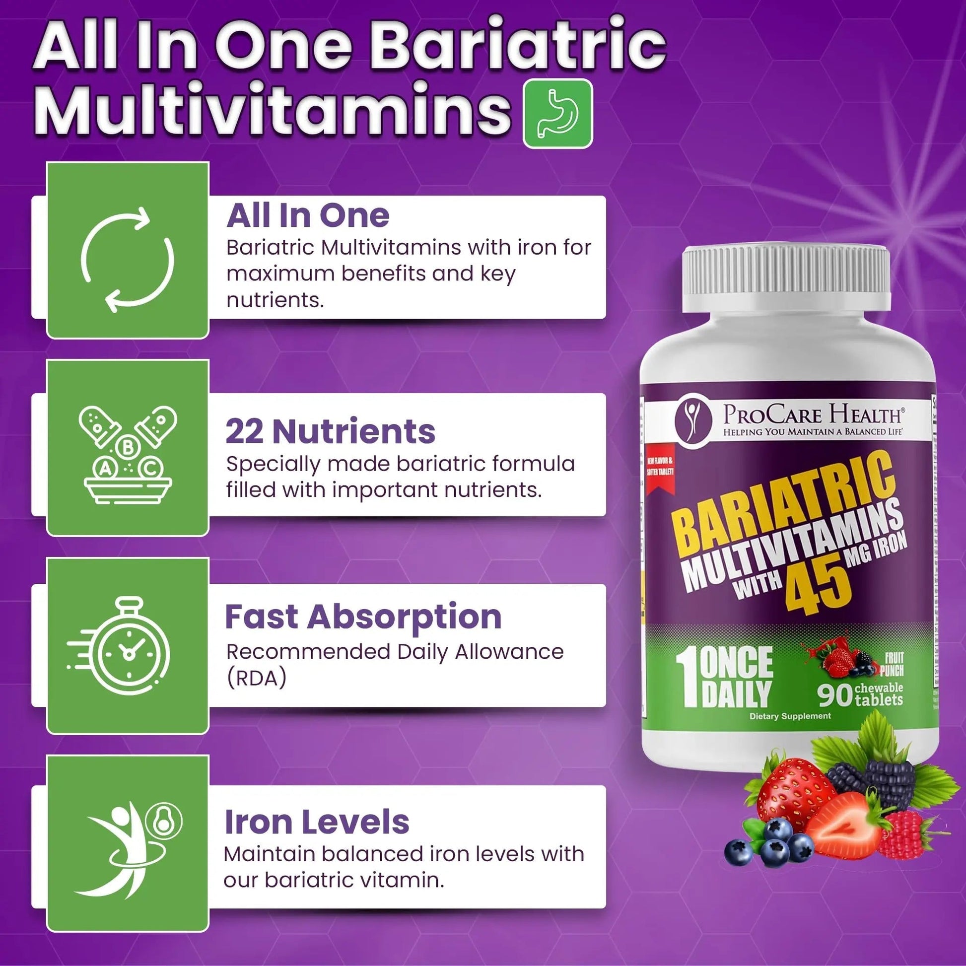 Procare Health Bariatric Multivitamin with Iron 45mg Chewable (90 Tablets) - Fruit Punch Flavor Bariatric Multivitamin Chewable Pills for Gastric Bypass ProCare Health buy supplements canada