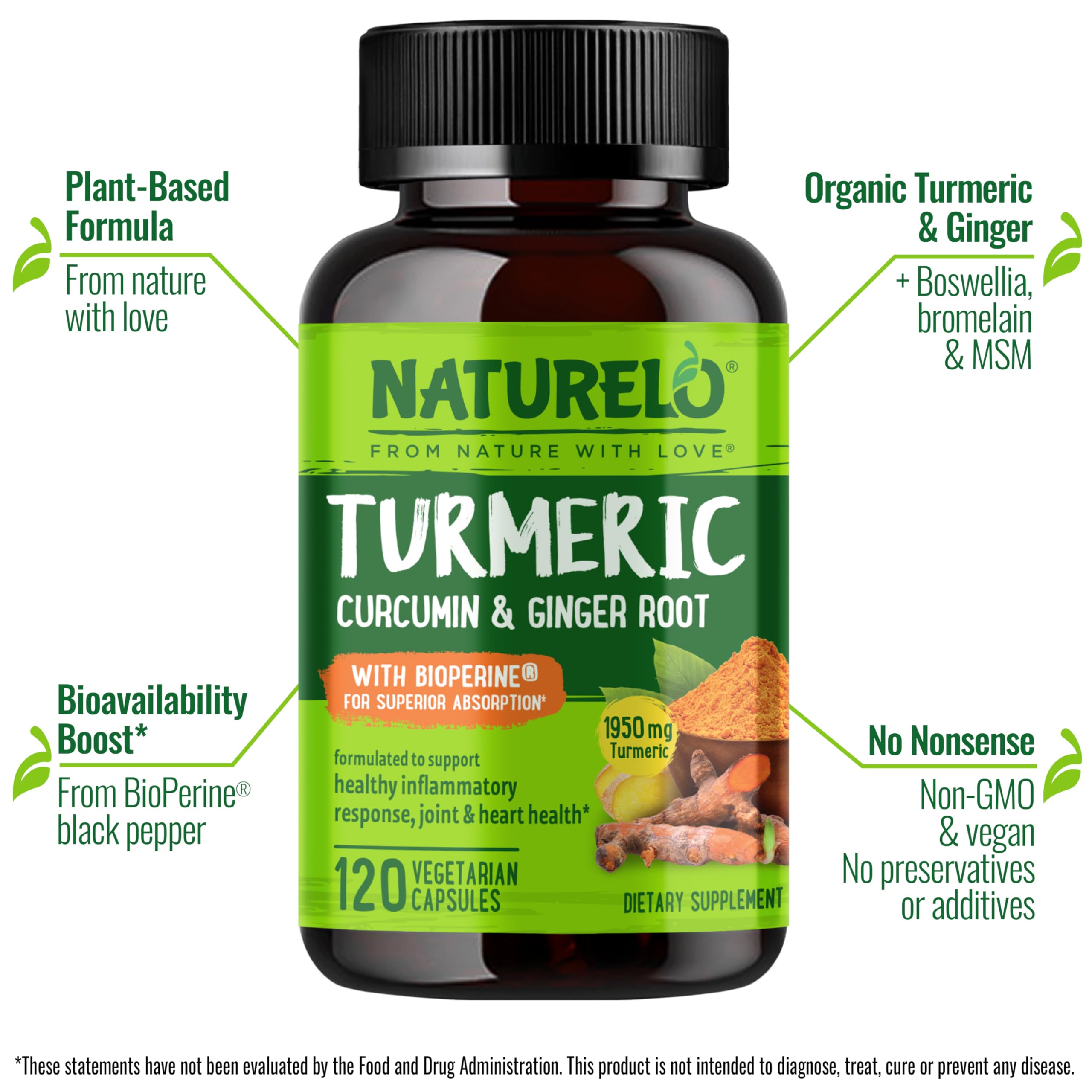 NATURELO Turmeric Curcumin - BioPerine for Better Absorption - Black Pepper, Ginger Root, Curcuminoids - Plant-Based Joint Discomfort Support NATURELO buy supplements canada